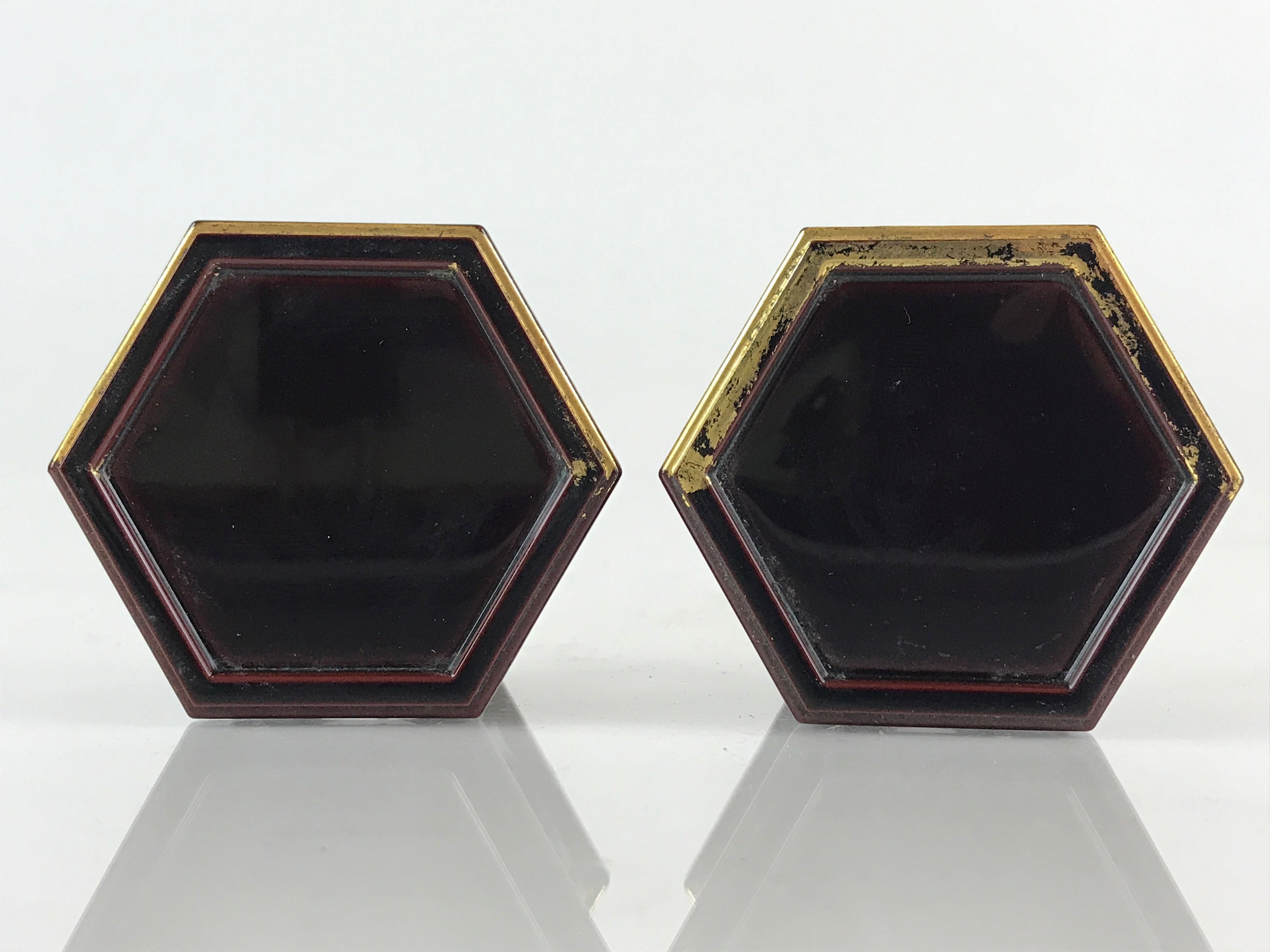 Japanese Buddhist Altar Fitting Offering Cup Stand 2pc Set Vtg Hexagon BU775