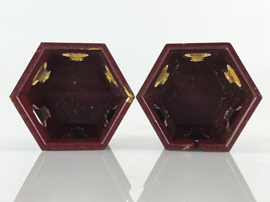 Japanese Buddhist Altar Fitting Offering Cup Stand 2pc Set Vtg Hexagon BU775