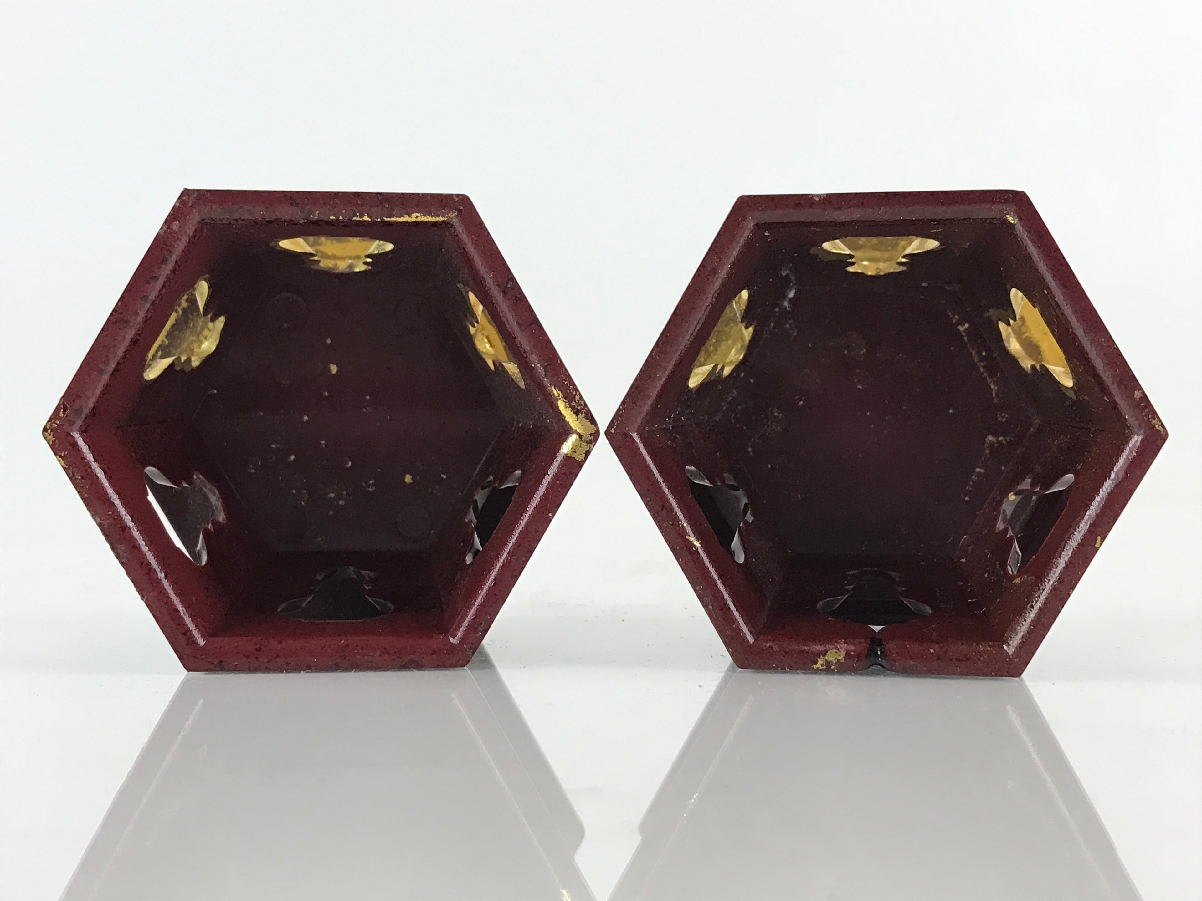 Japanese Buddhist Altar Fitting Offering Cup Stand 2pc Set Vtg Hexagon BU775