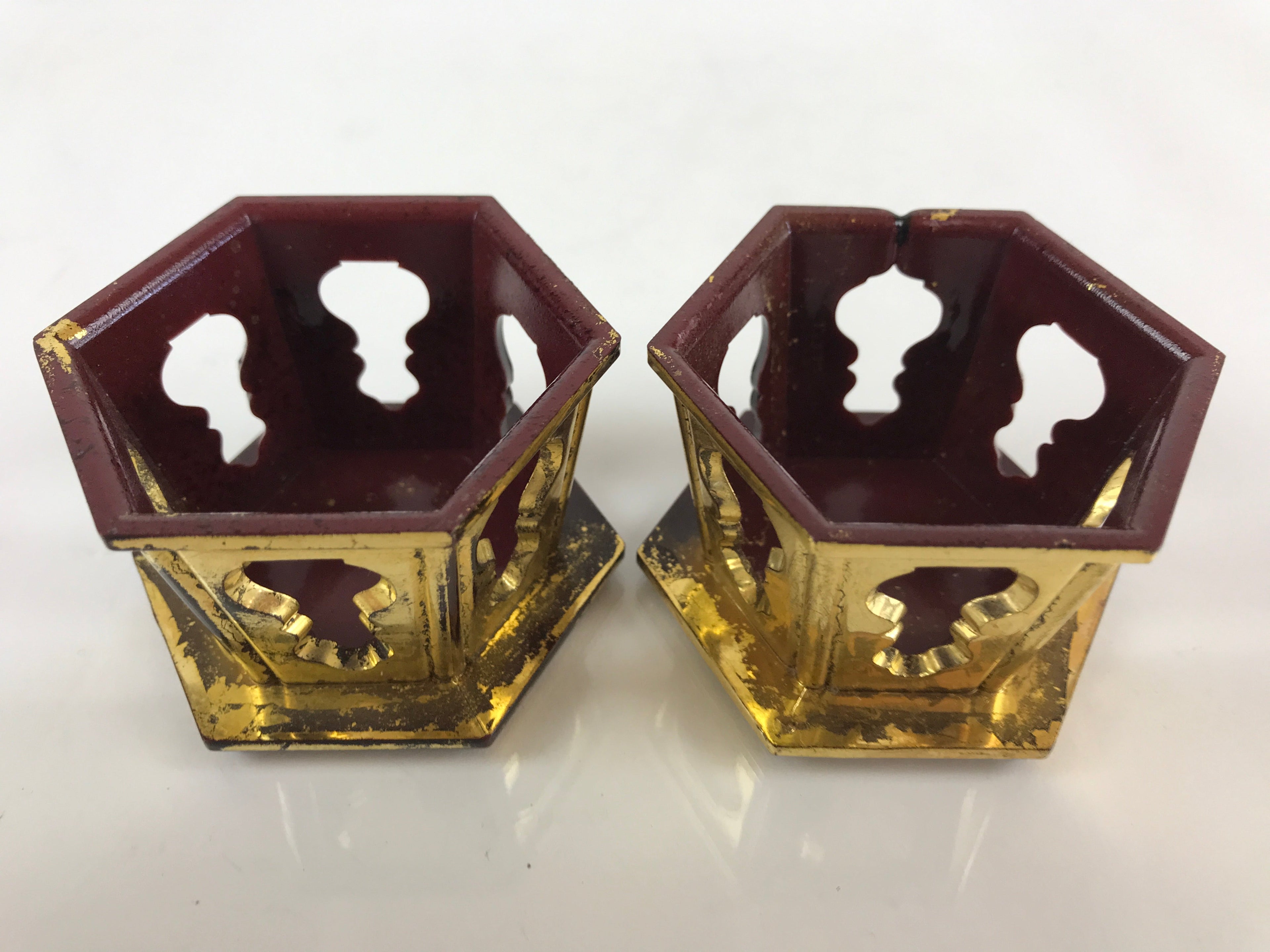 Japanese Buddhist Altar Fitting Offering Cup Stand 2pc Set Vtg Hexagon BU775