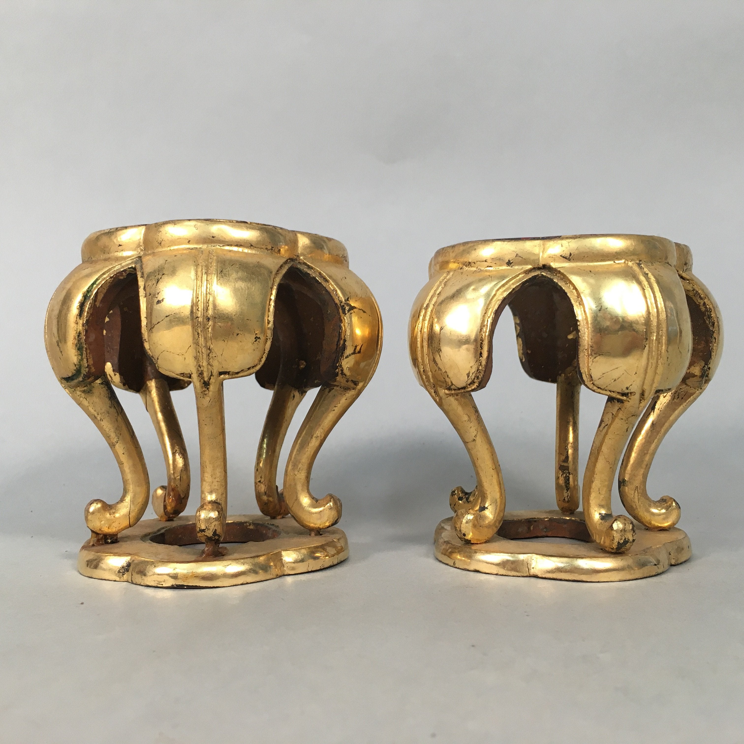 Japanese Buddhist Altar Fitting Offering Stand Pair Vtg Butsugu Plum Blossom BU3
