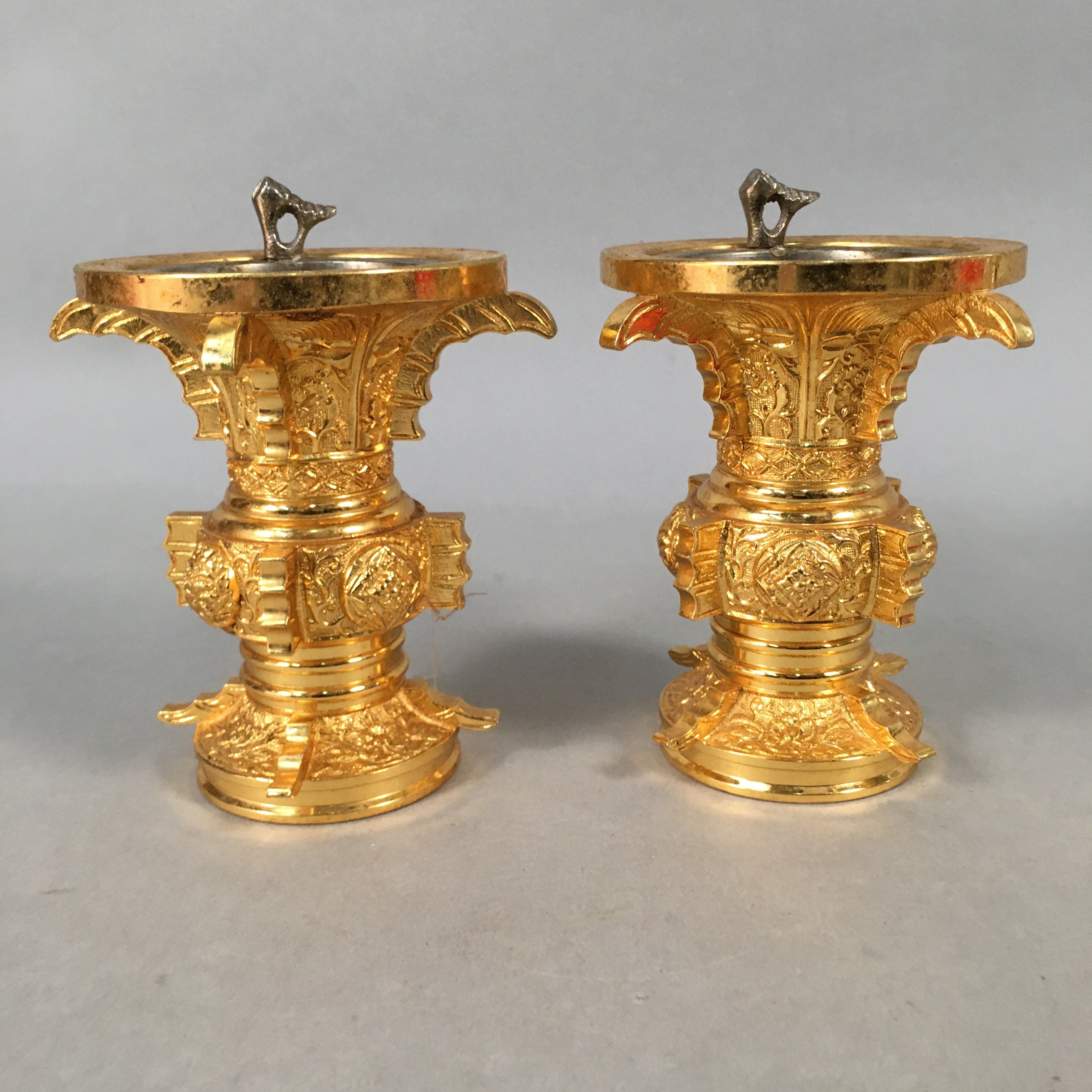 Japanese Buddhist Altar Fitting Vtg Flower Vase Stand Pair Brass Butsudan BU358