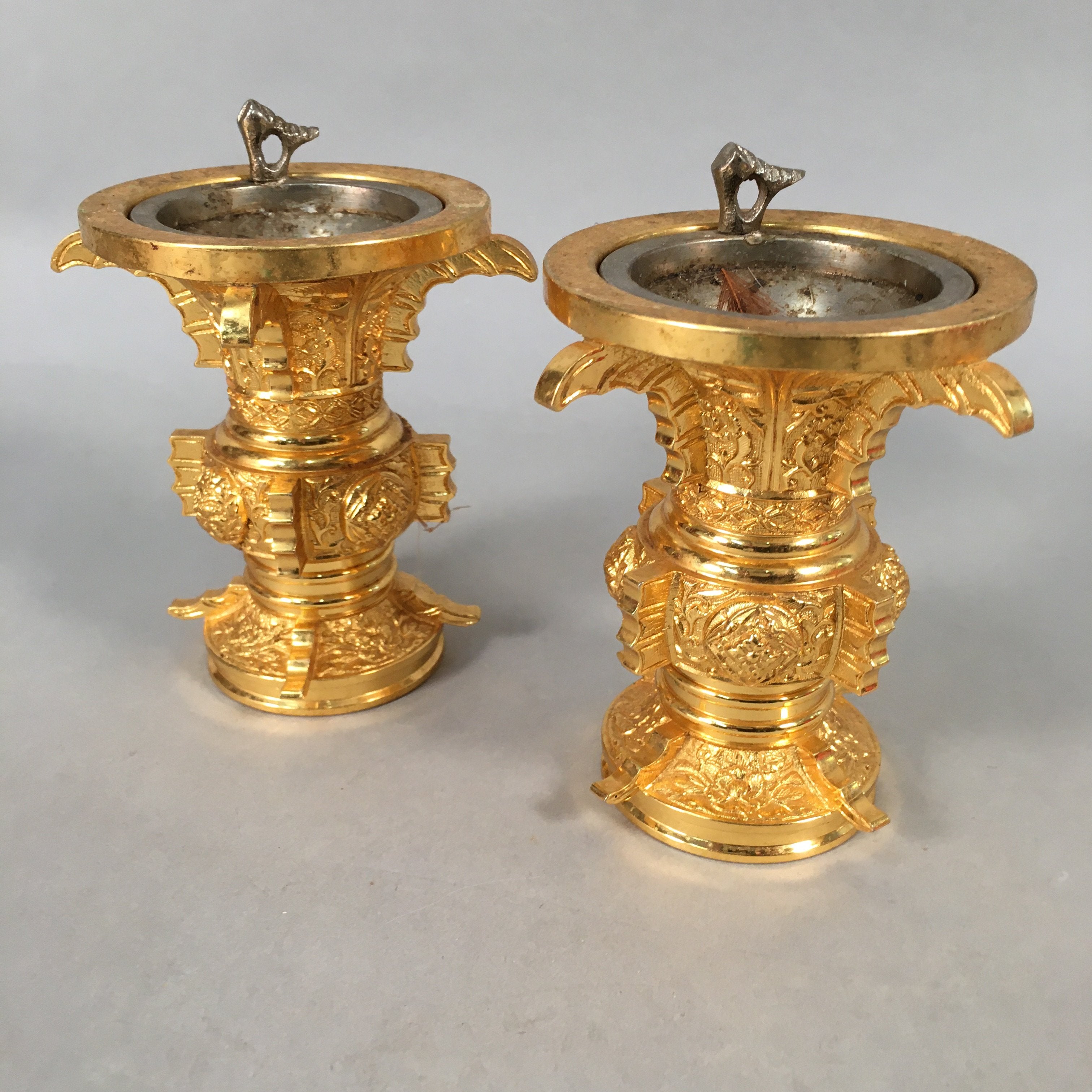 Japanese Buddhist Altar Fitting Vtg Flower Vase Stand Pair Brass Butsudan BU358