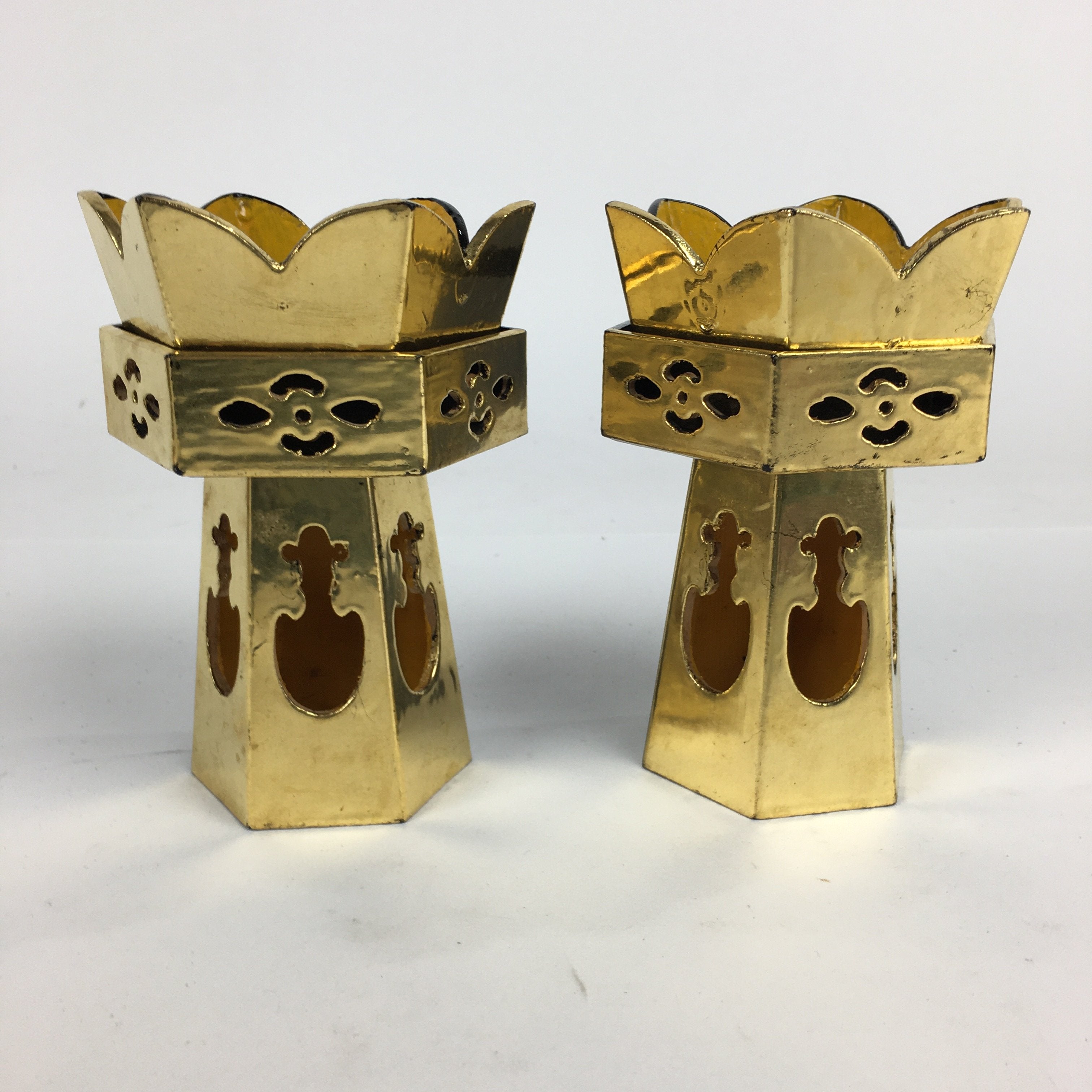 Japanese Buddhist Altar Fitting Vtg Hexagonal Offering Stand Set Kuge BU572