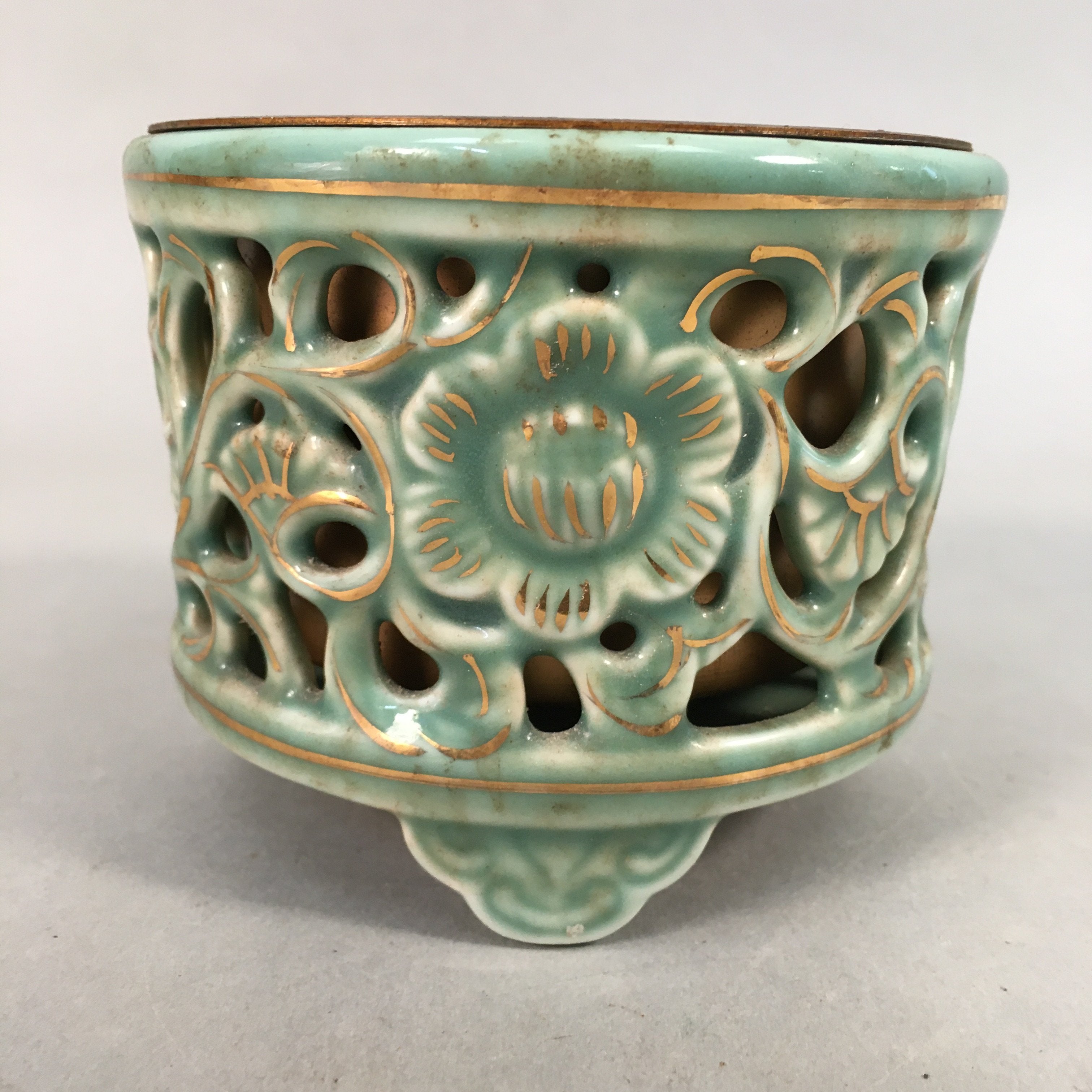 Japanese Buddhist Altar Fitting Vtg Porcelain Incense Burner Koro Butsudan BU382