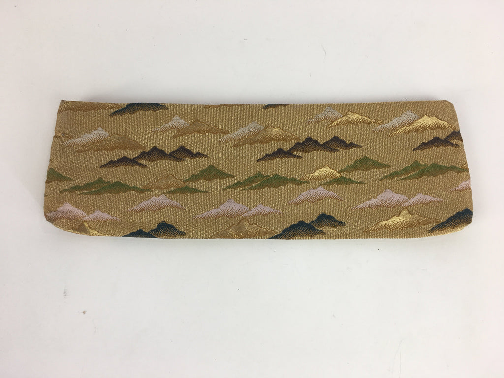 Japanese Buddhist Fabric Bag Vtg Prayer Beads Case Zipper Mountains Gold BU475