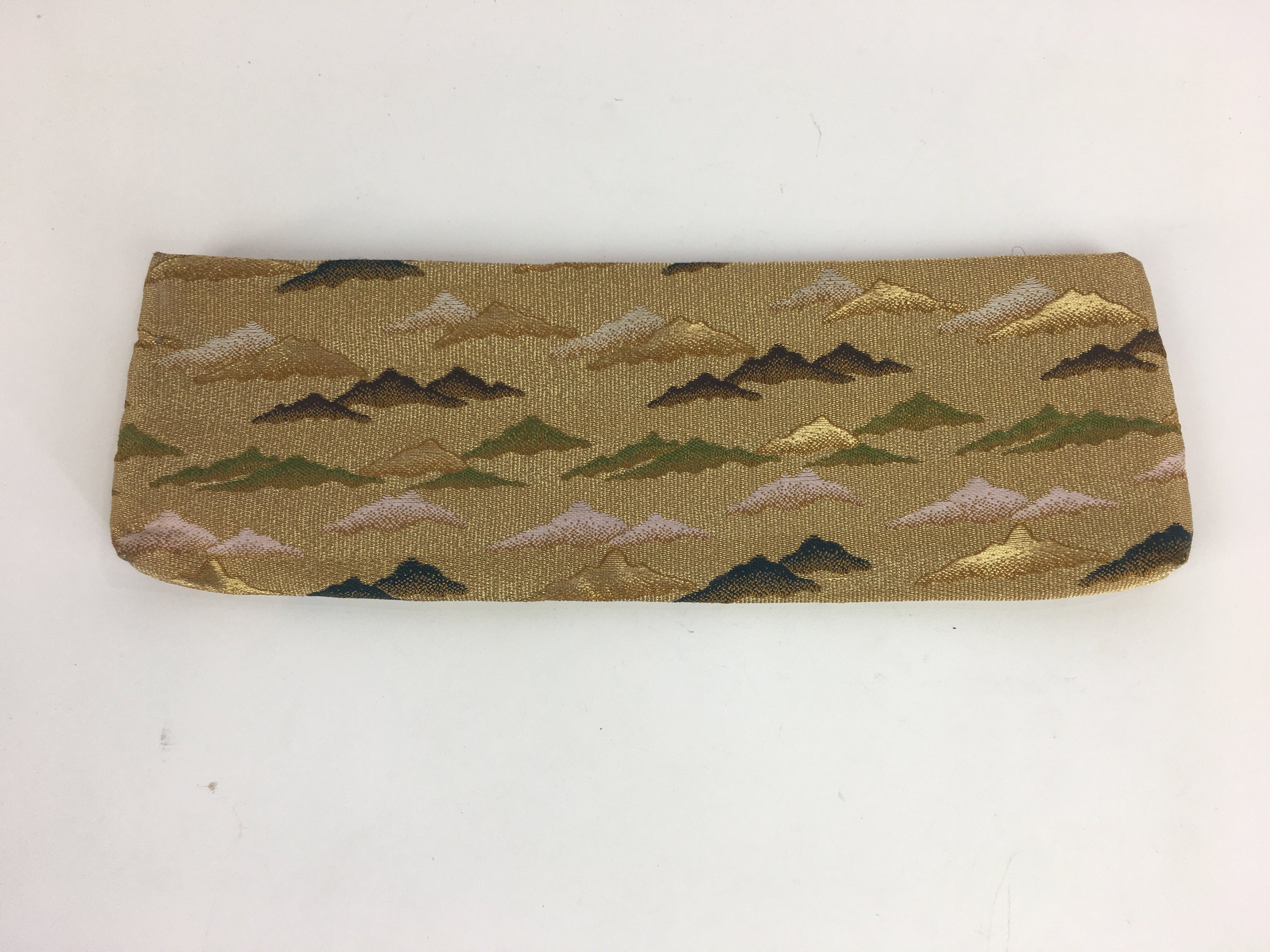 Japanese Buddhist Fabric Bag Vtg Prayer Beads Case Zipper Mountains Gold BU475