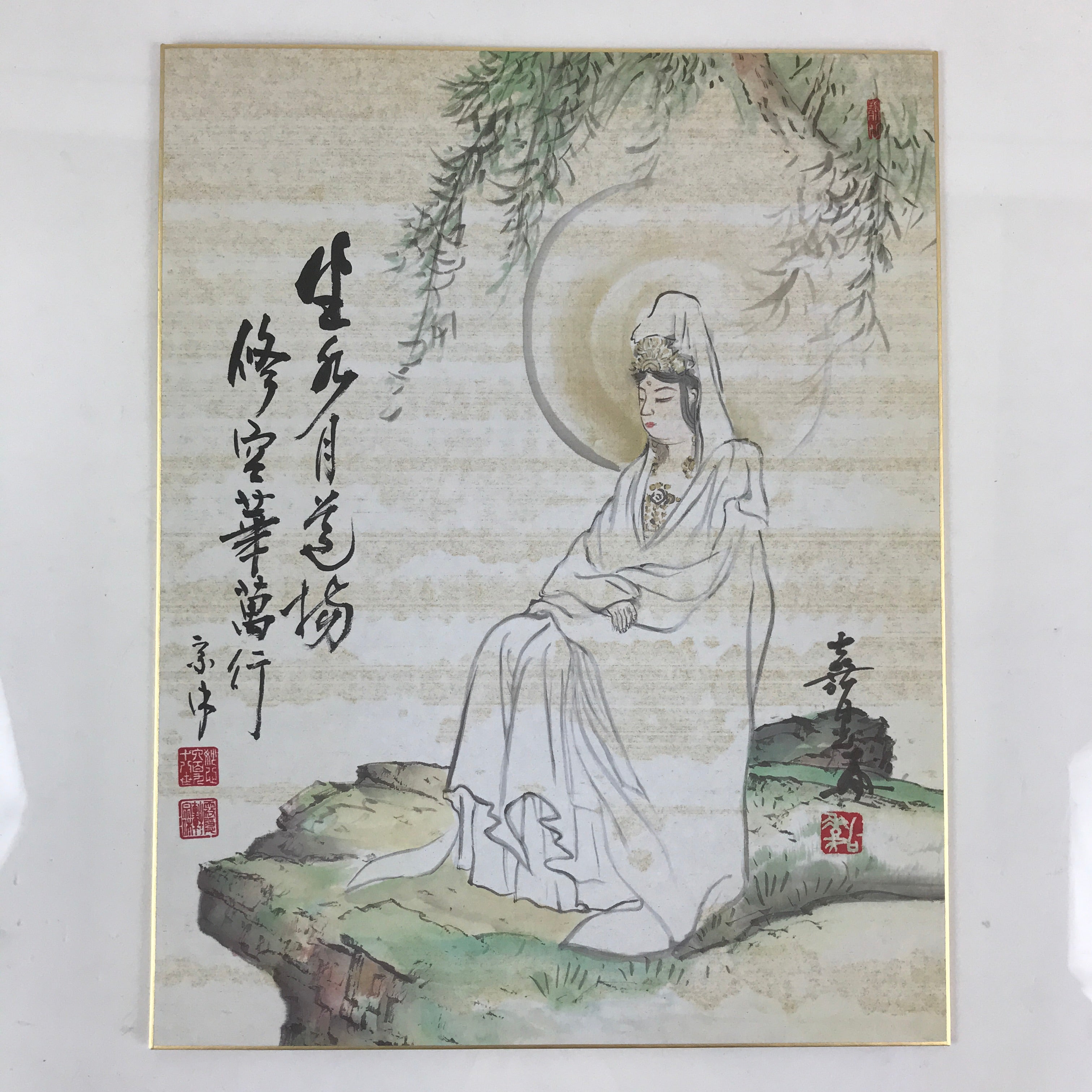 Japanese Buddhist Kannon Art Board Print Shikishi Paper Signed FL87