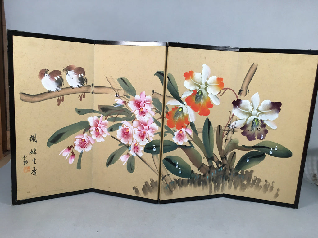 Japanese Byoubu Vtg Folding Screen Decoration Flower Painting Hina Doll JK184
