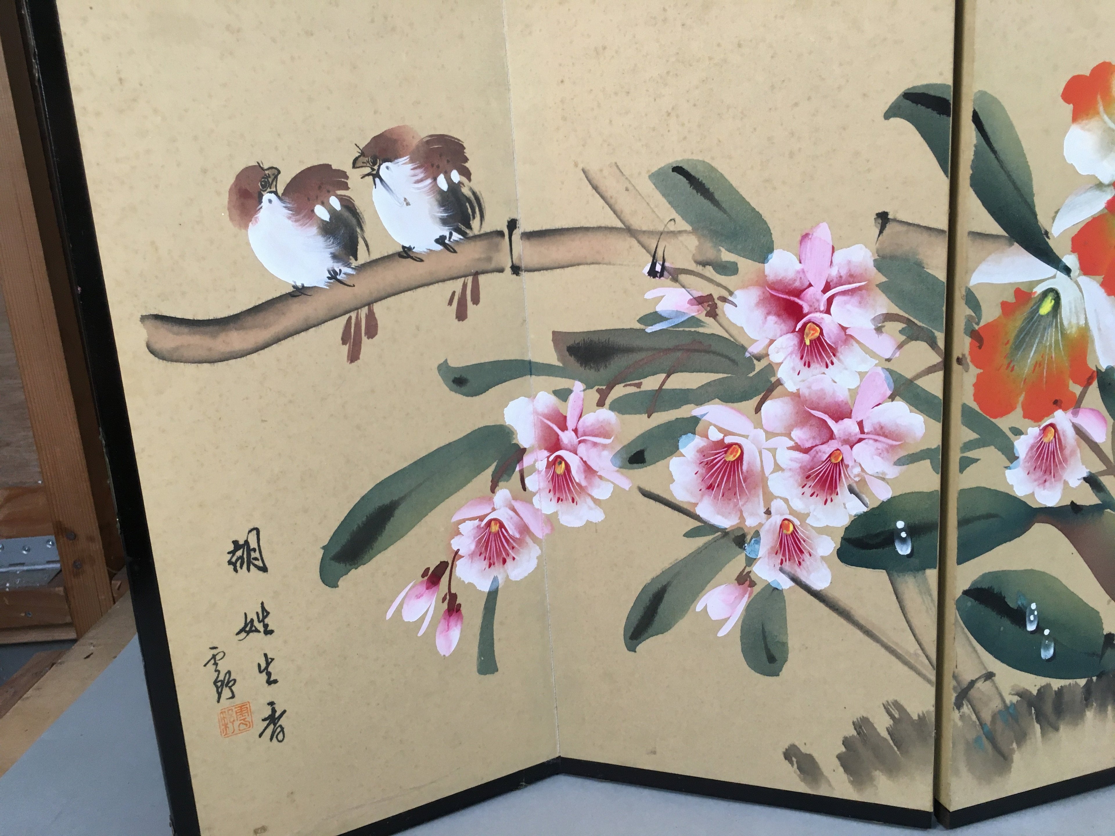 Japanese Byoubu Vtg Folding Screen Decoration Flower Painting Hina Doll JK184