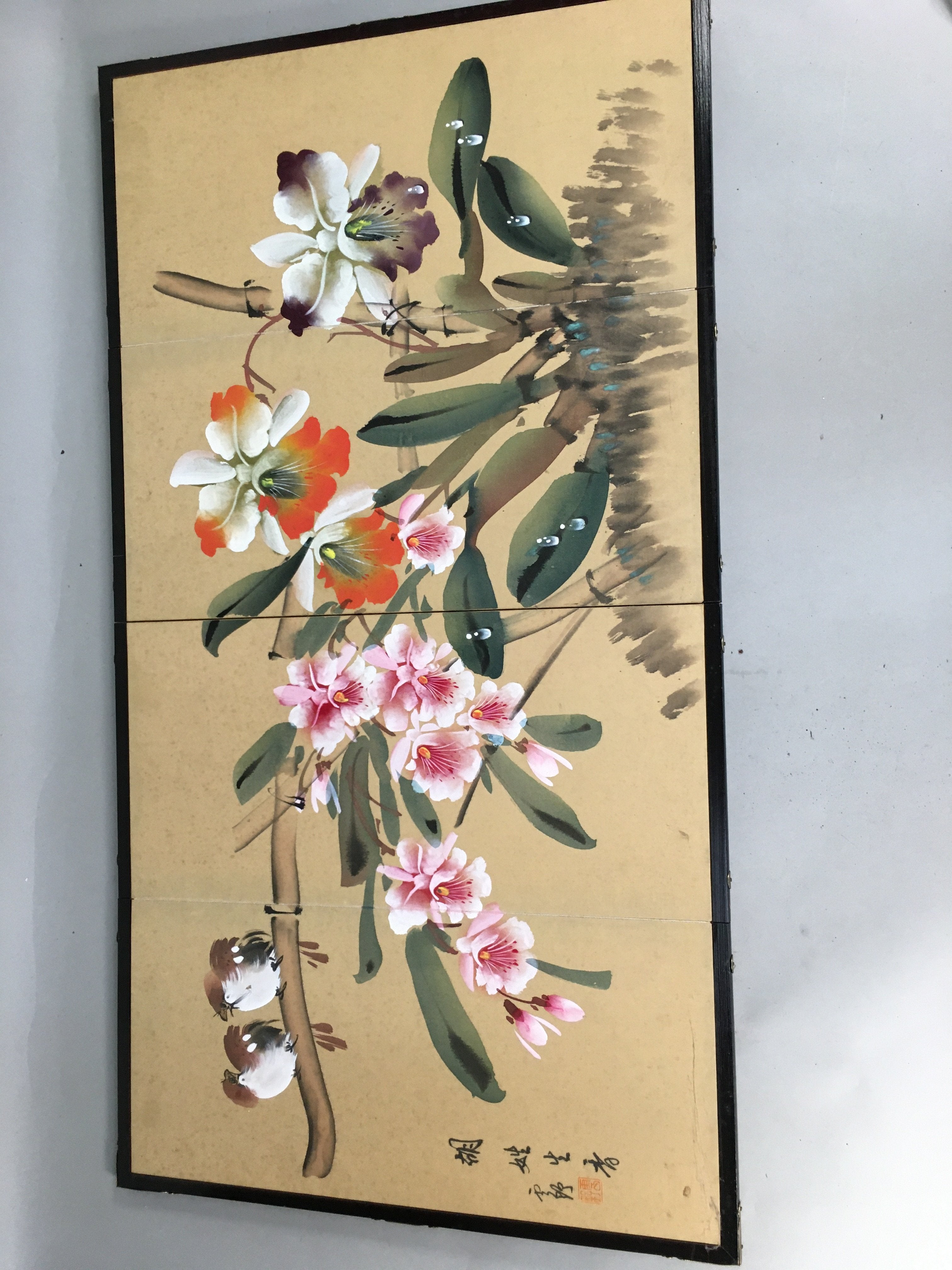 Japanese Byoubu Vtg Folding Screen Decoration Flower Painting Hina Doll JK184