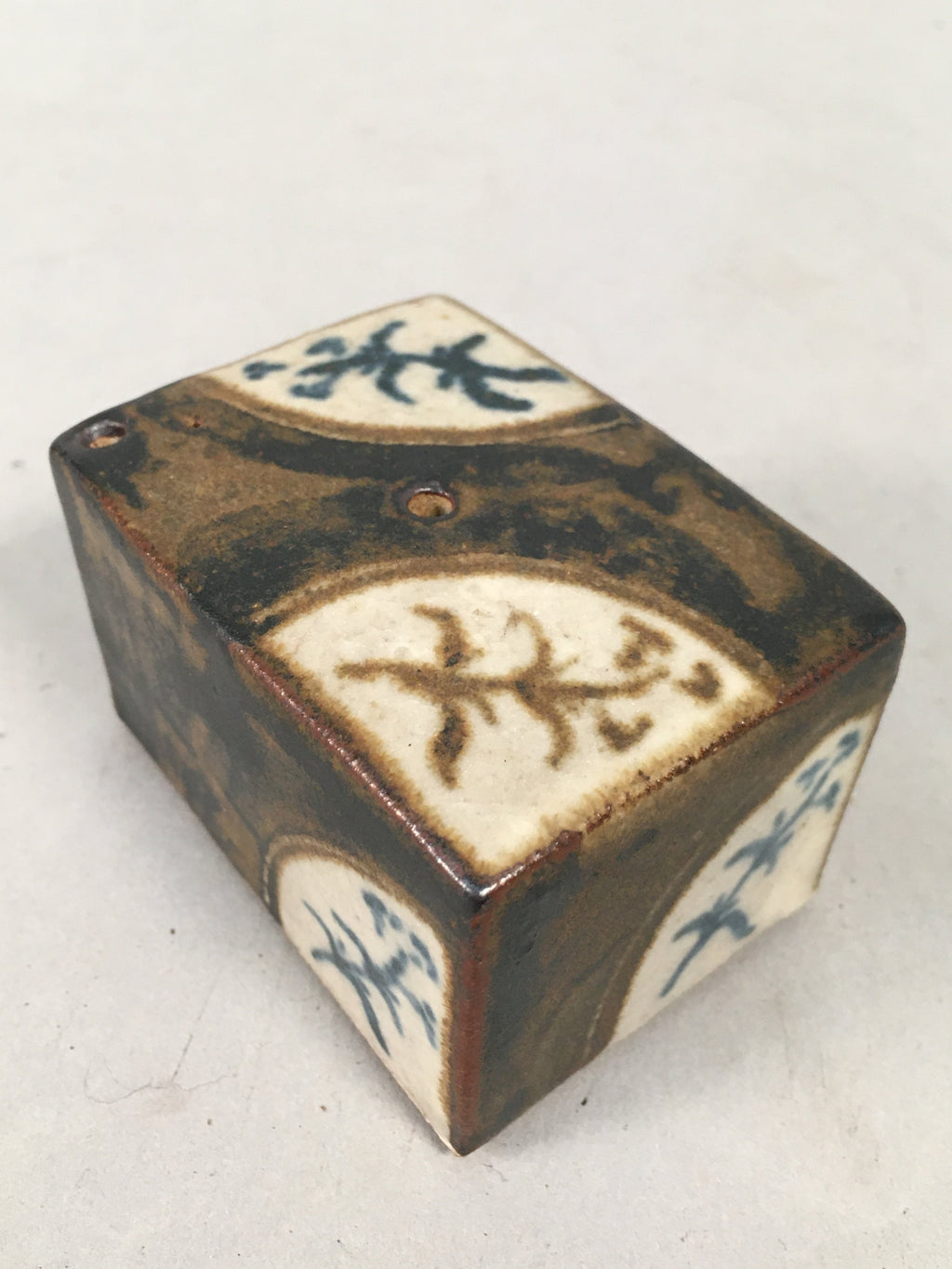 Japanese Calligraphy Water Dropper Suiteki Vtg Pottery Cuboid Brown PP408