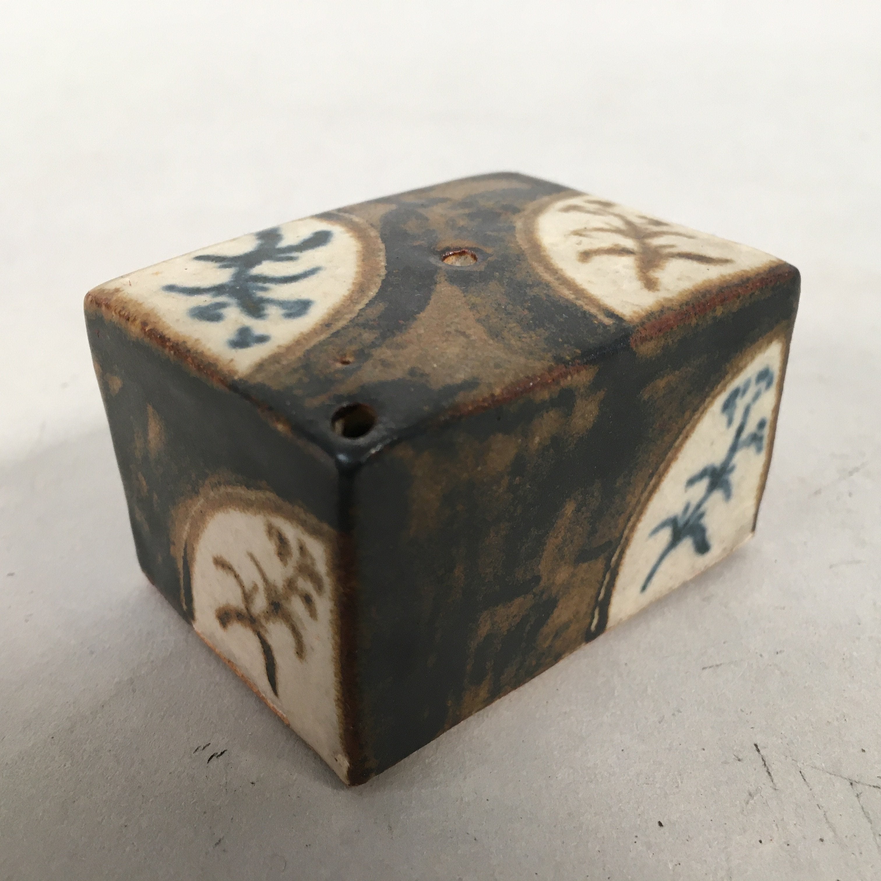 Japanese Calligraphy Water Dropper Suiteki Vtg Pottery Cuboid Brown PP408