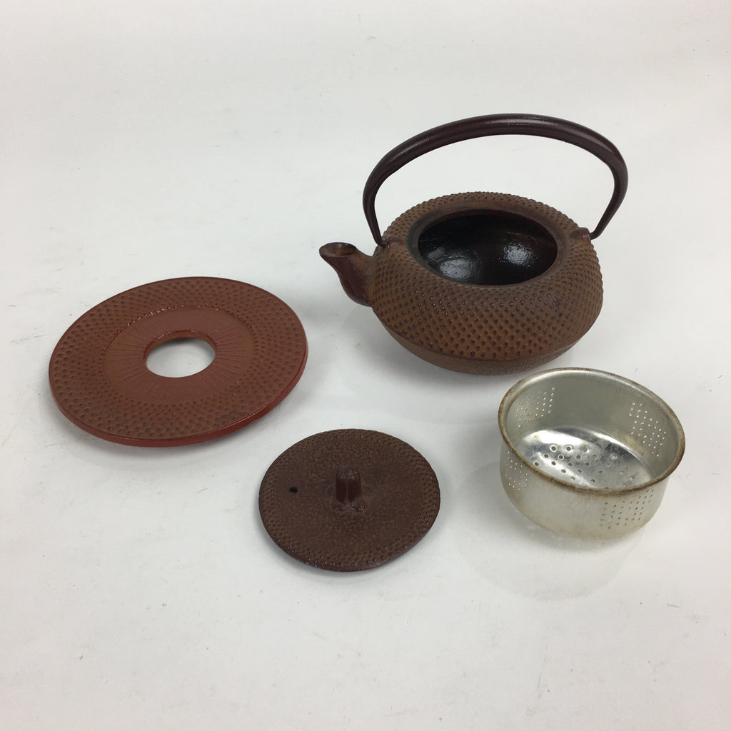 Japanese Cast Iron Teapot Vtg Kyusu Tetsubin Kettle Arare Nanbu-Tekki Brown T79
