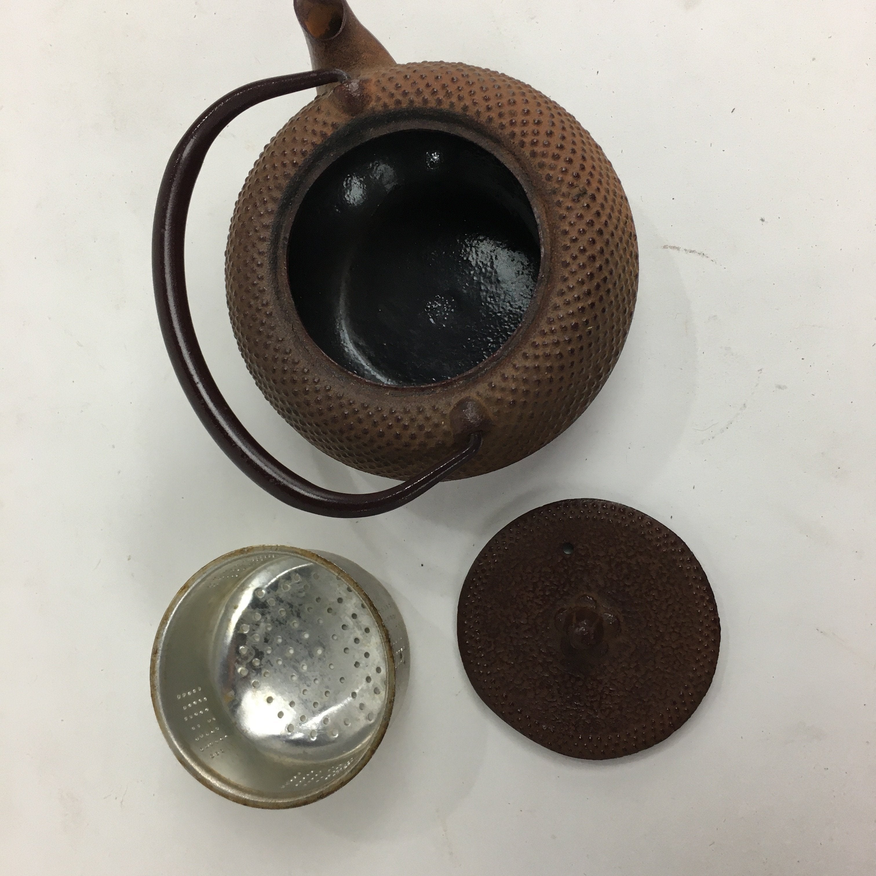 Japanese Cast Iron Teapot Vtg Kyusu Tetsubin Kettle Arare Nanbu-Tekki Brown T79