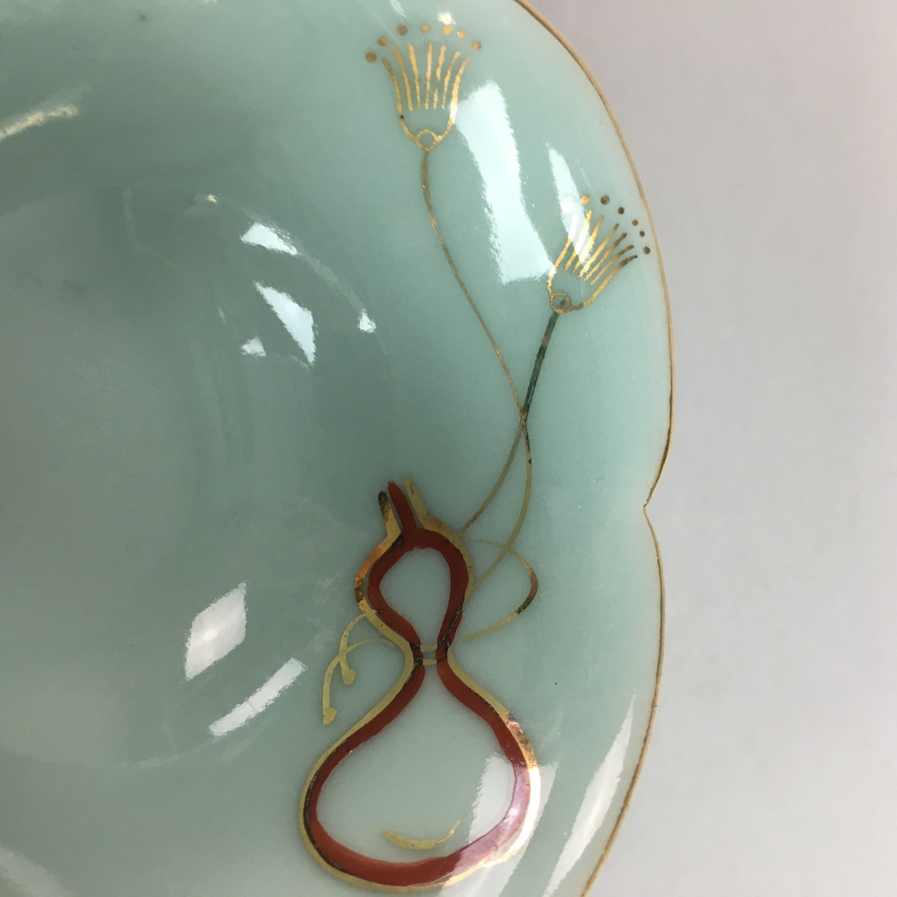 Japanese Celadon Small Bowl Vtg Porcelain Green Kobachi Gourd Chess Floral PT671