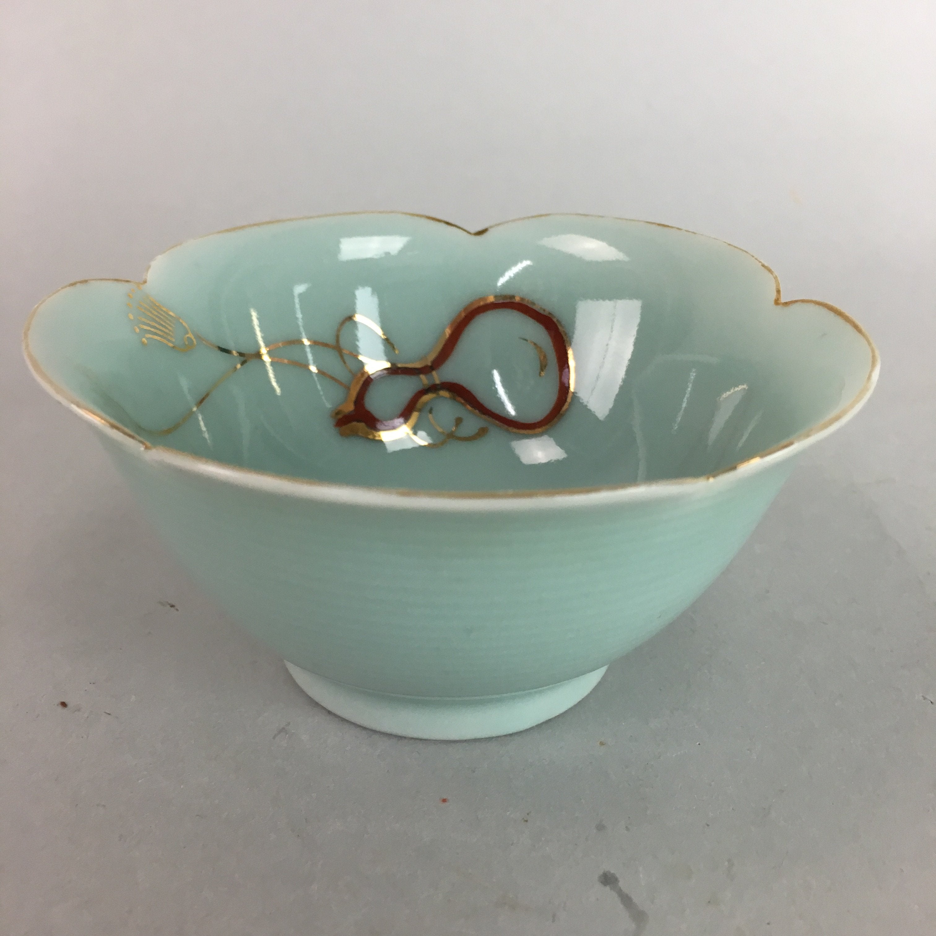 Japanese Celadon Small Bowl Vtg Porcelain Green Kobachi Gourd Chess Floral PT672