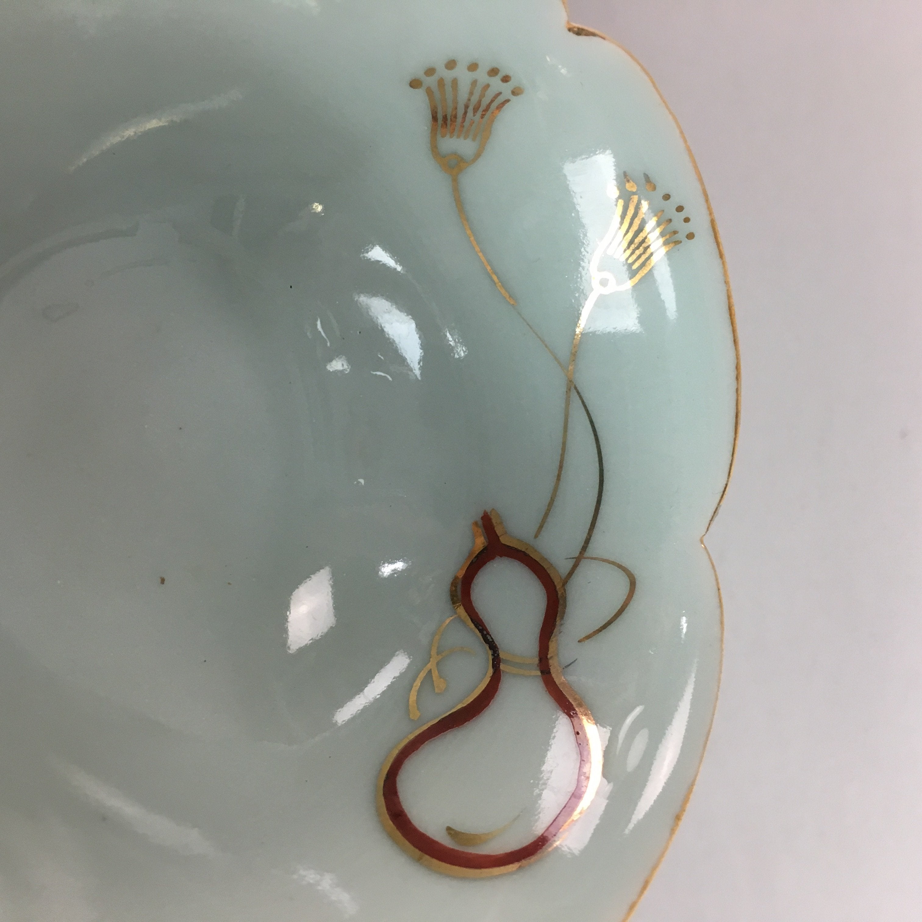 Japanese Celadon Small Bowl Vtg Porcelain Green Kobachi Gourd Chess Floral PT673