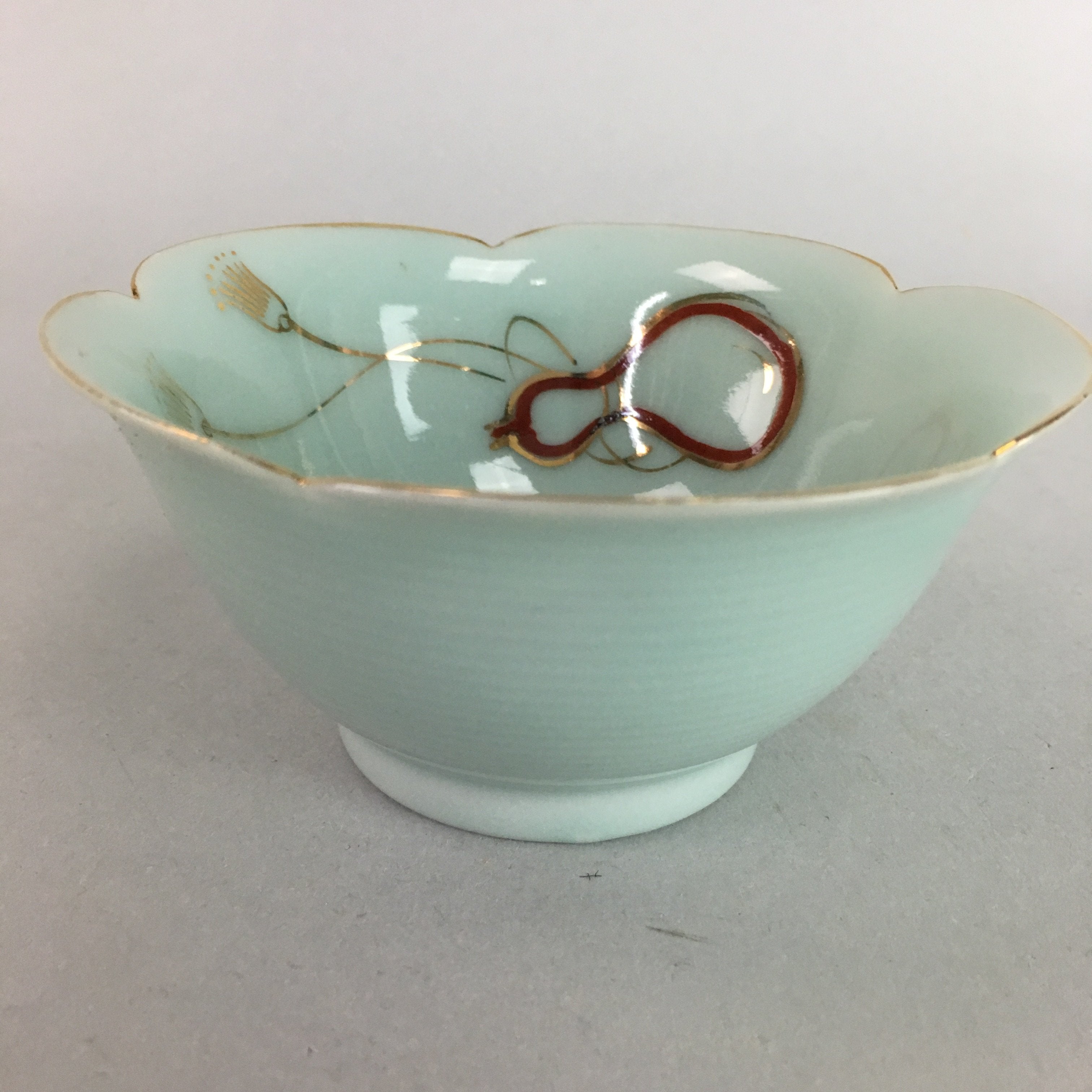 Japanese Celadon Small Bowl Vtg Porcelain Green Kobachi Gourd Chess Floral PT674
