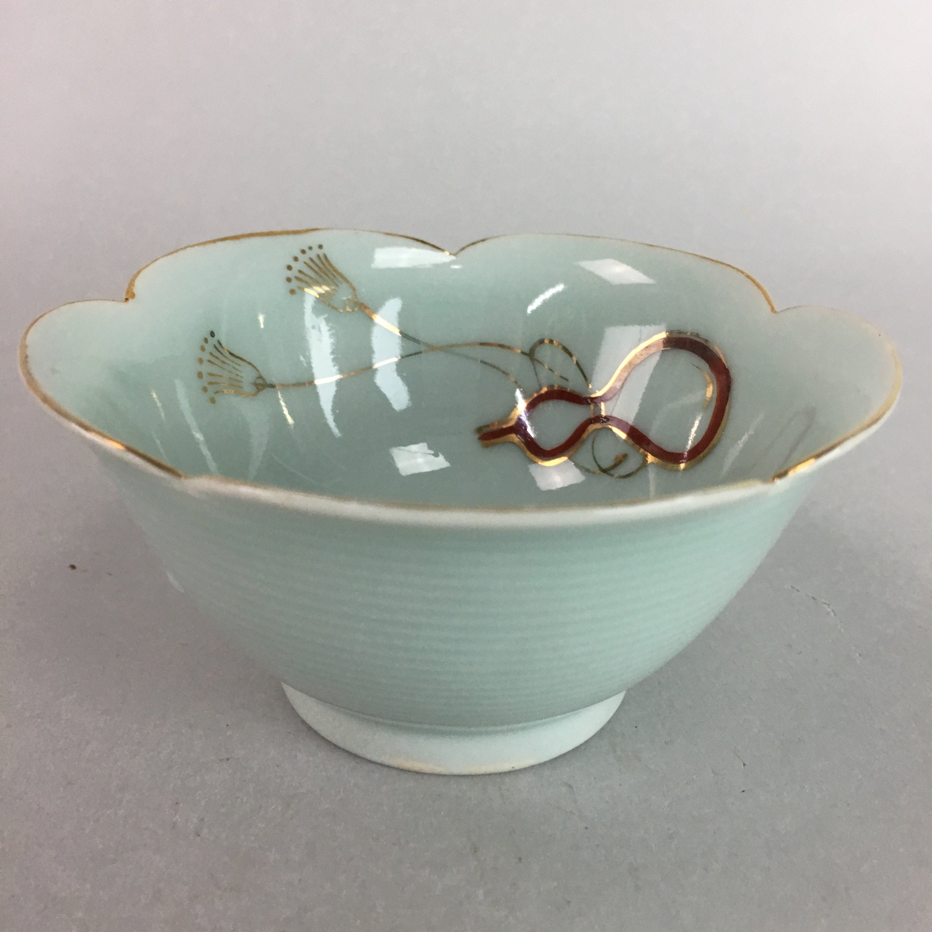 Japanese Celadon Small Bowl Vtg Porcelain Green Kobachi Gourd Chess Floral PT675