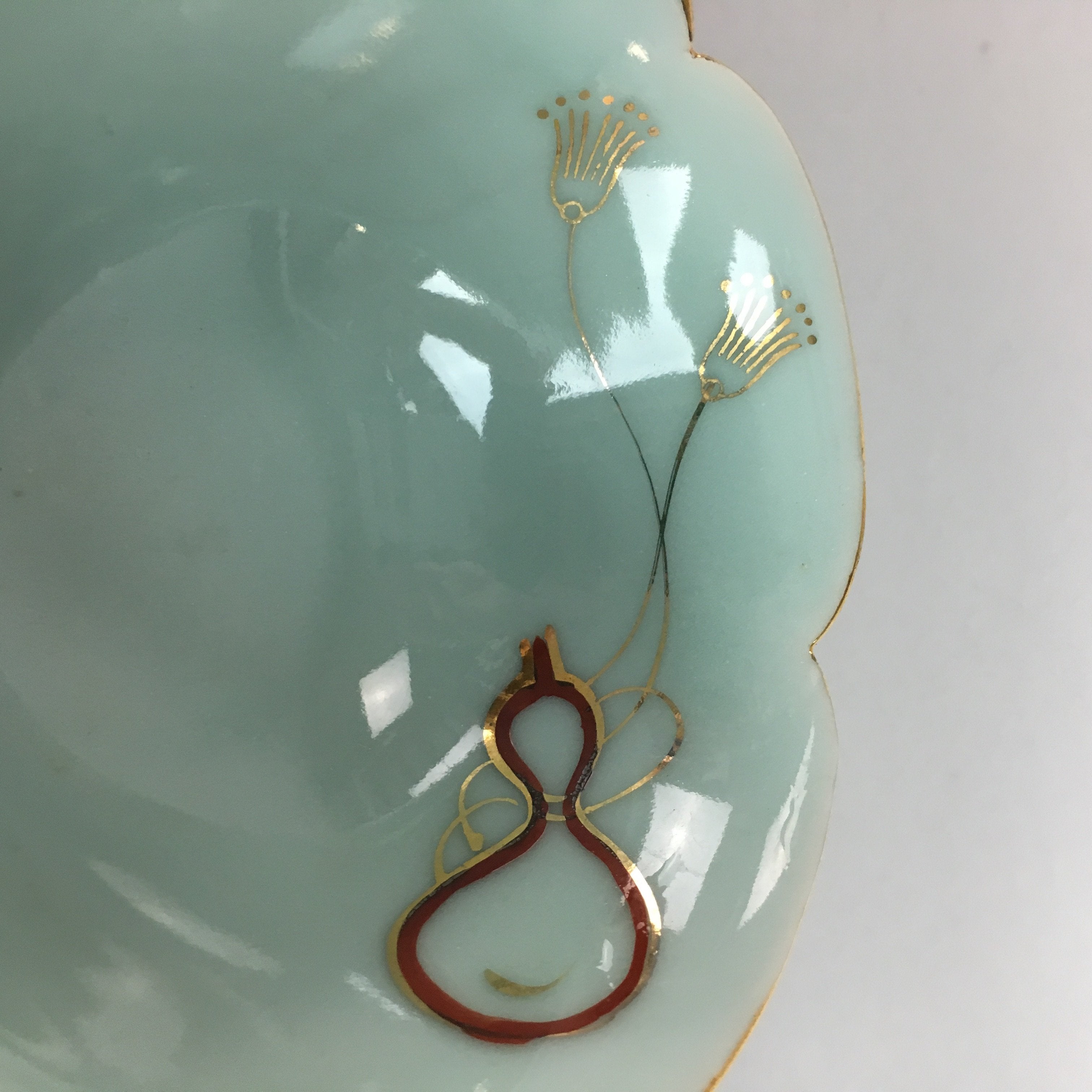 Japanese Celadon Small Bowl Vtg Porcelain Green Kobachi Gourd Chess Floral PT676