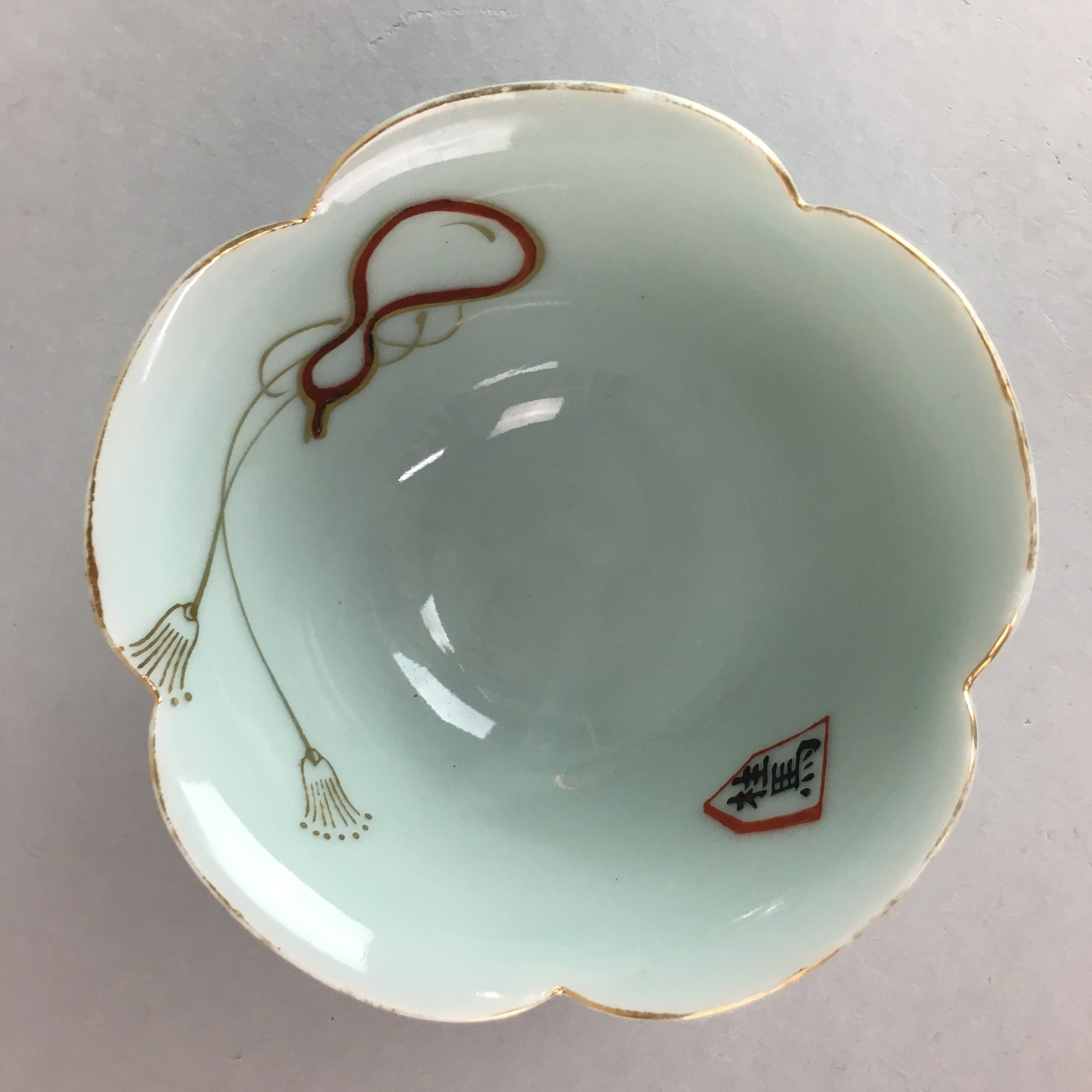 Japanese Celadon Small Bowl Vtg Porcelain Green Kobachi Gourd Chess Floral PT677