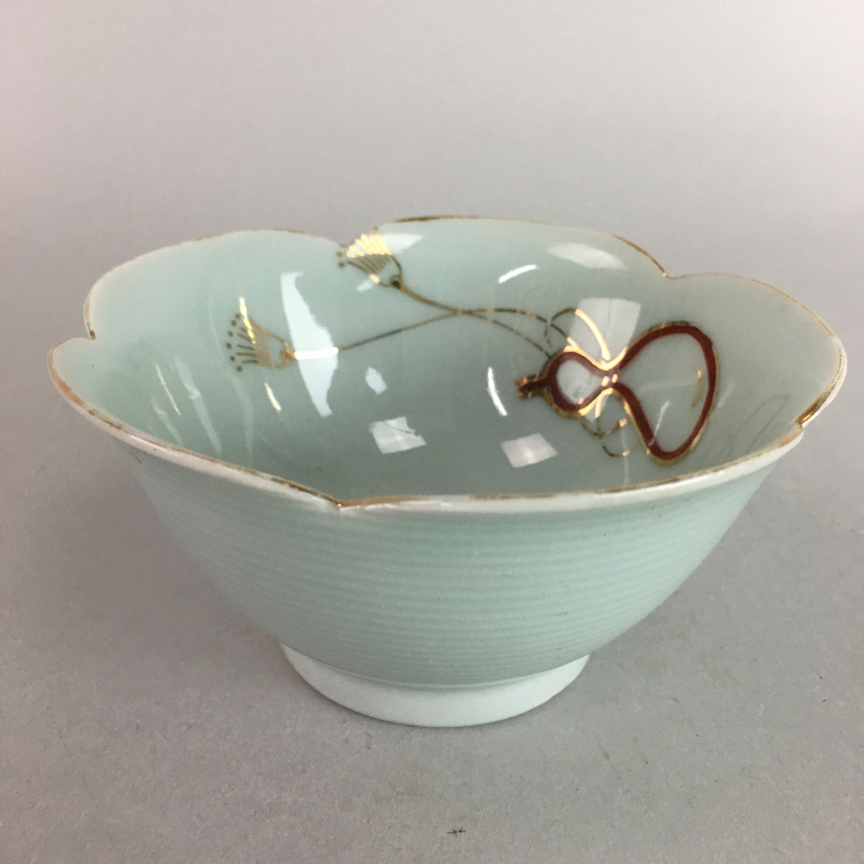 Japanese Celadon Small Bowl Vtg Porcelain Green Kobachi Gourd Chess Floral PT677