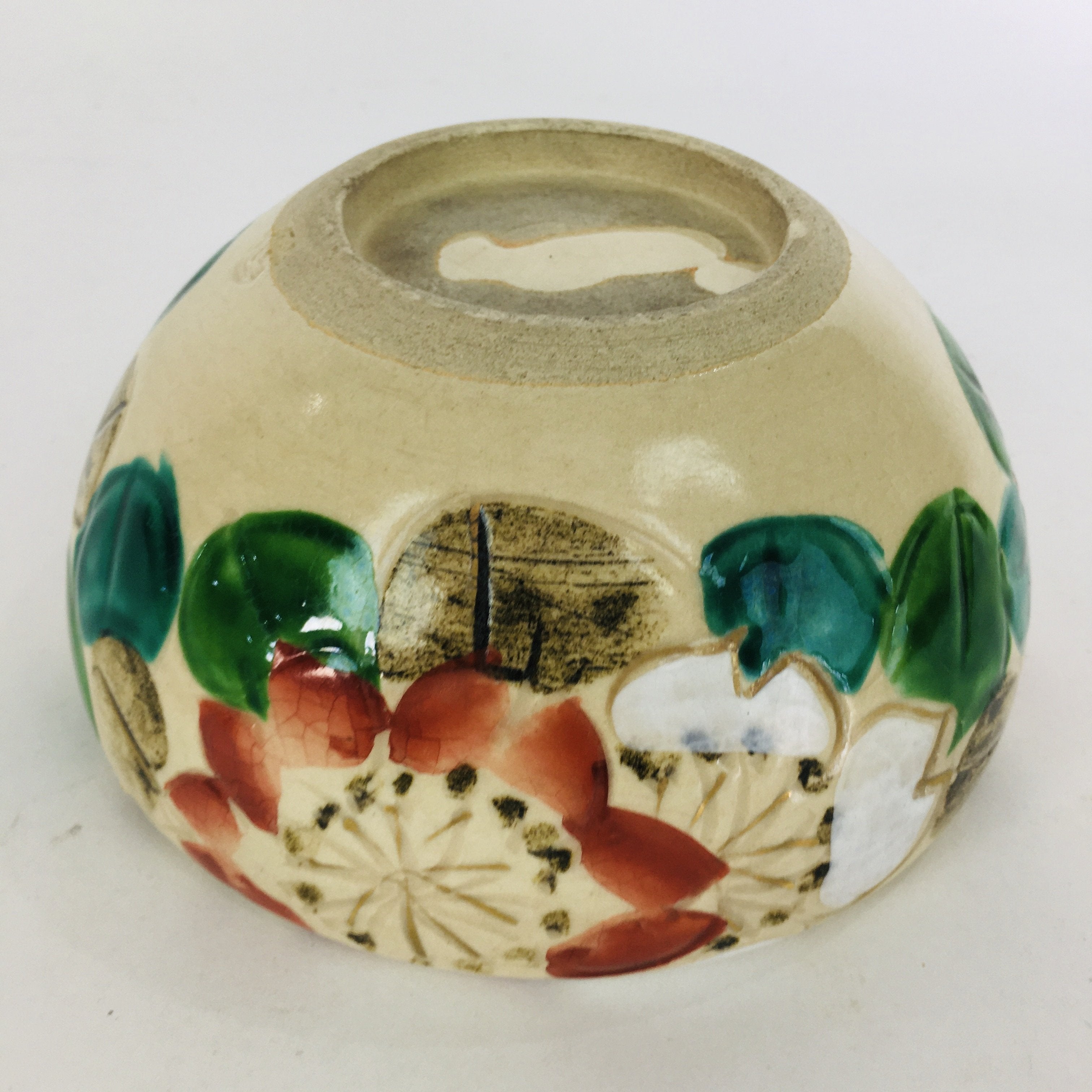 Japanese Ceramic Ashtray Vtg Haizara Pottery White Red Lotus Flower Design PP644