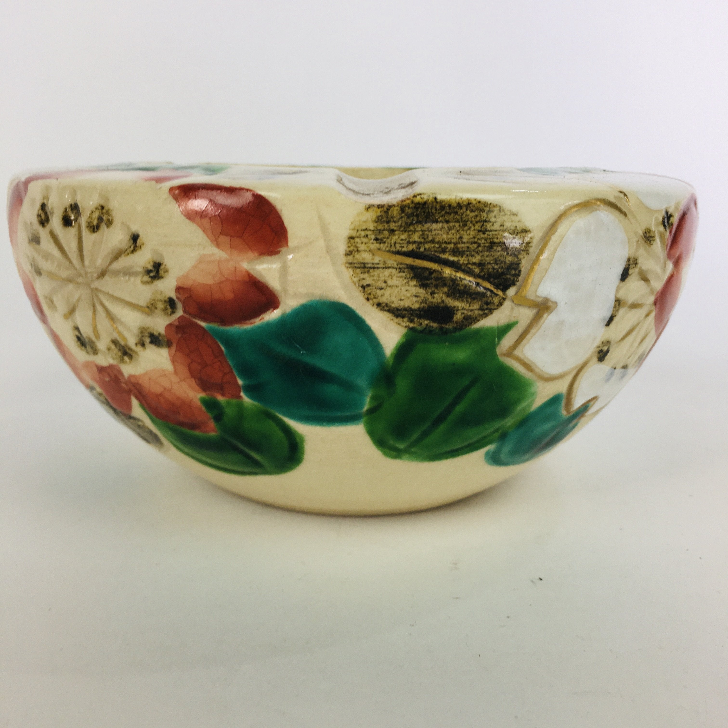 Japanese Ceramic Ashtray Vtg Haizara Pottery White Red Lotus Flower Design PP644