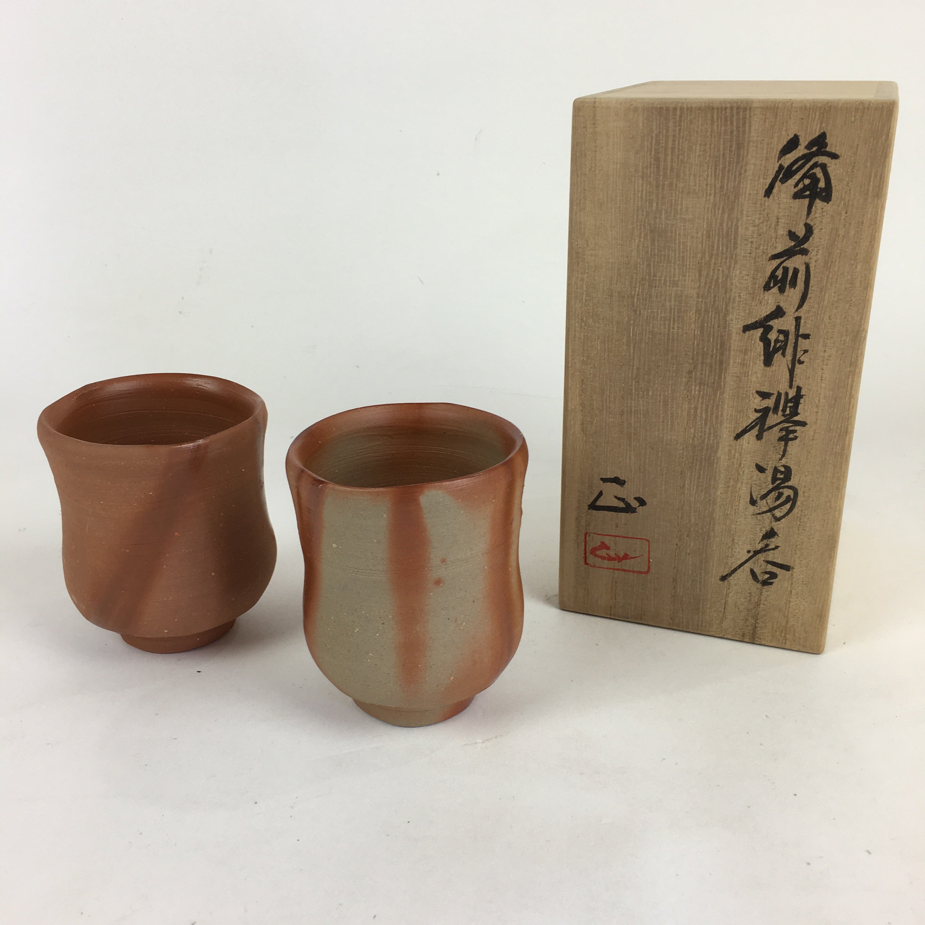 Japanese Ceramic Bizen Ware Teacup 2pc Pair Vtg Boxed Yunomi Sencha PX609