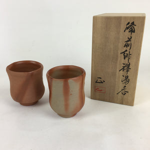 Japanese Ceramic Bizen Ware Teacup 2pc Pair Vtg Boxed Yunomi Sencha PX609