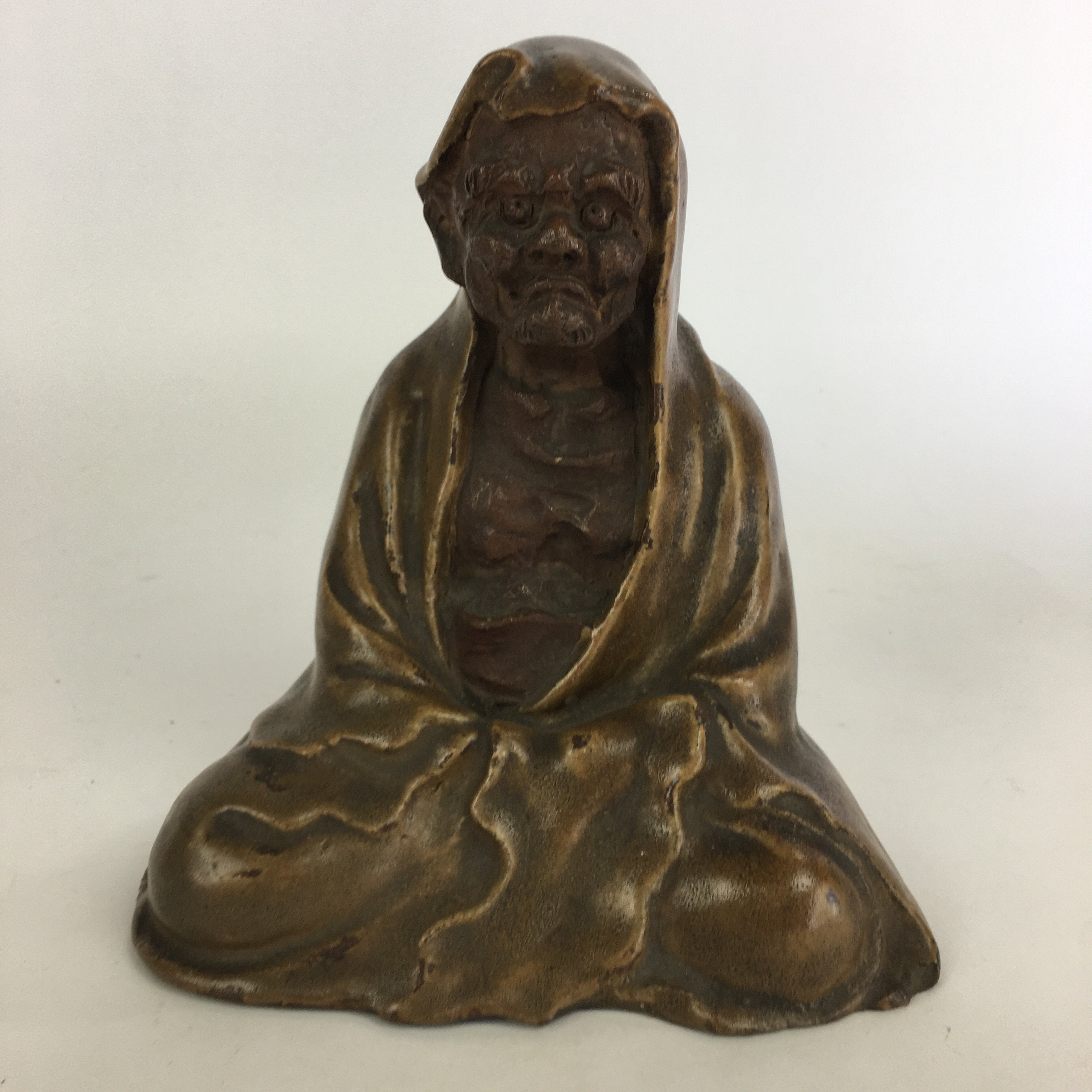 Japanese Ceramic Bodhidharma Statue Vtg 1930 Pottery Okimono Brown Daruma BD692