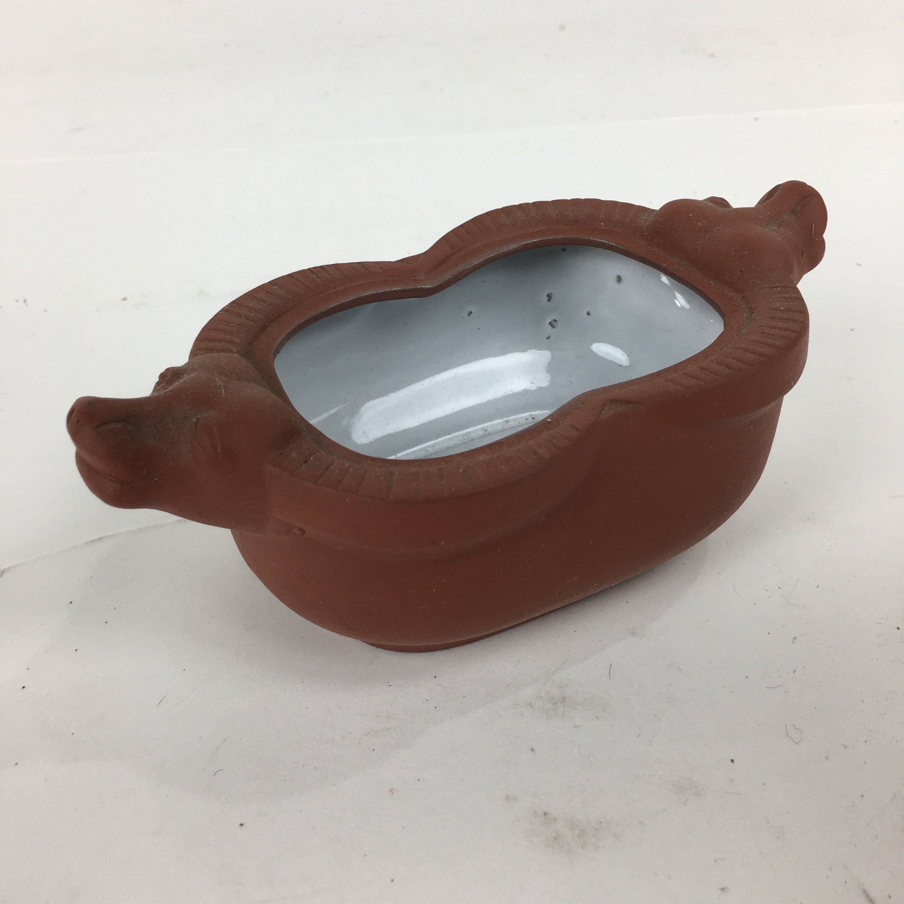 Japanese Ceramic Bowl Vtg Pottery Cow Tokoname ware Oval Red Clay Shudei PP746