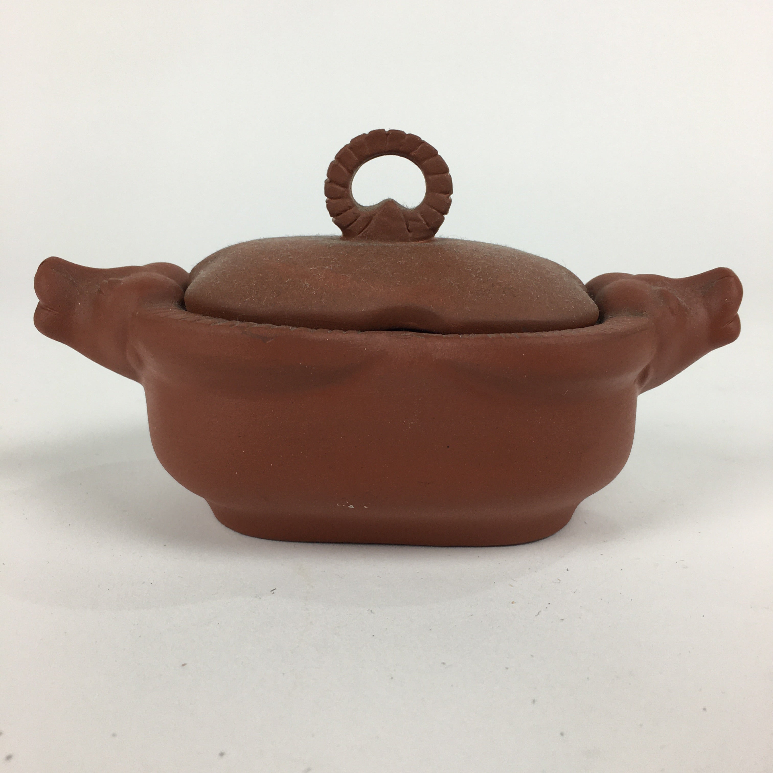 Japanese Ceramic Container Vtg Pottery Cow Tokoname ware Oval Red Clay PP793