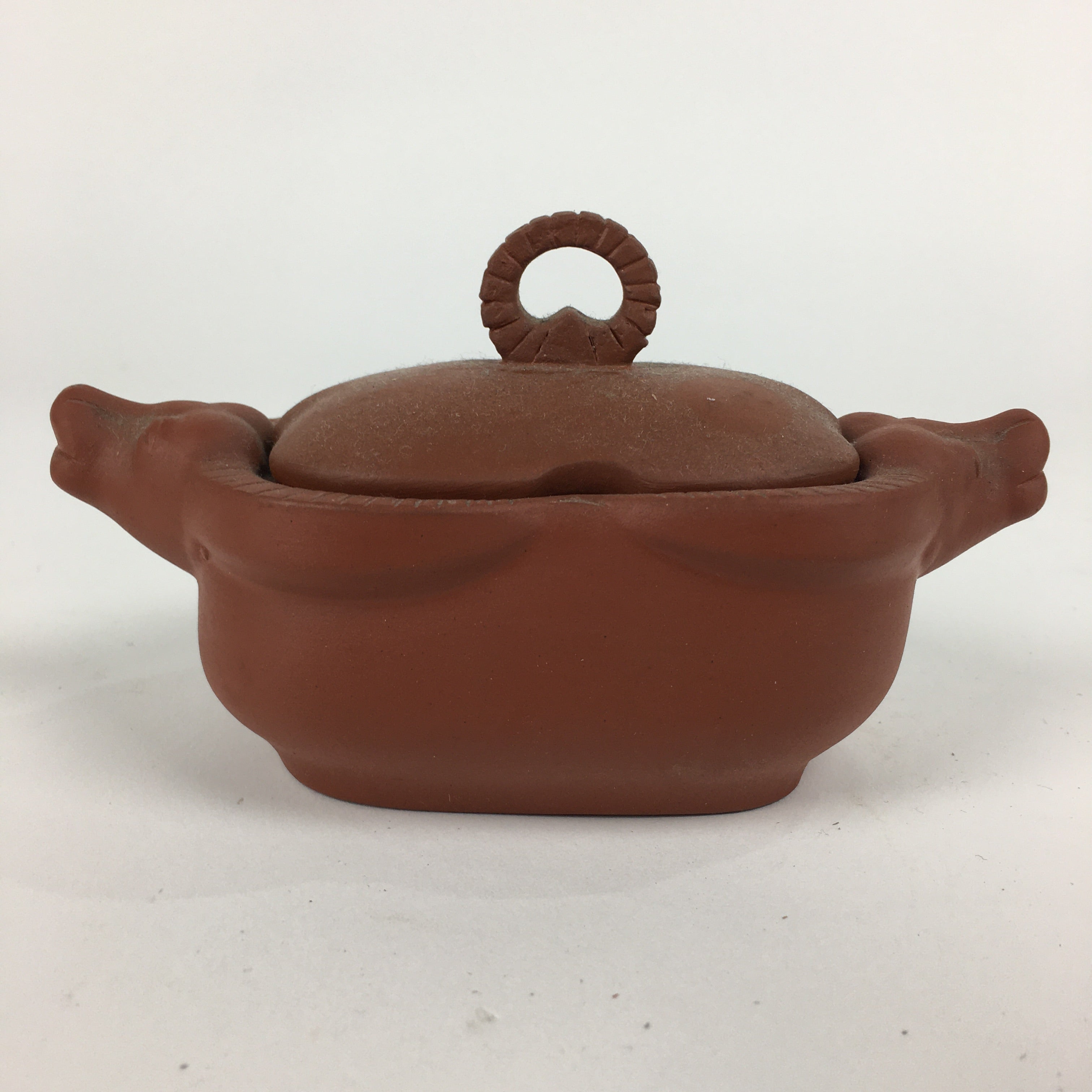 Japanese Ceramic Container Vtg Pottery Cow Tokoname ware Oval Red Clay PP793