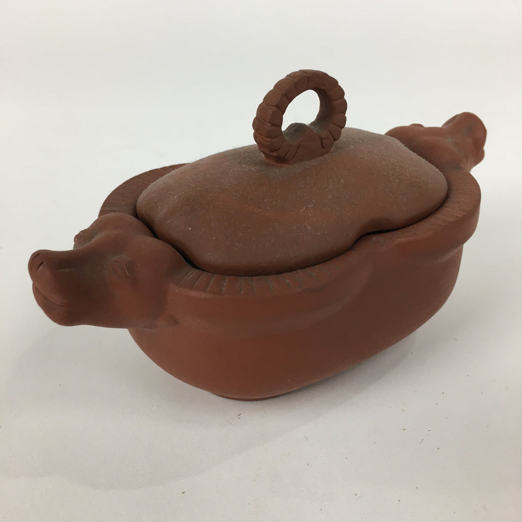 Japanese Ceramic Container Vtg Pottery Cow Tokoname ware Oval Red Clay PP793