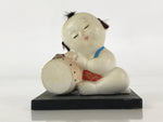 Japanese Ceramic Doll Baby Sleeping On Drum Vtg Wooden Stand Festival White BD84