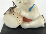 Japanese Ceramic Doll Baby Sleeping On Drum Vtg Wooden Stand Festival White BD84