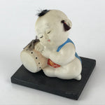 Japanese Ceramic Doll Baby Sleeping On Drum Vtg Wooden Stand Festival White BD84