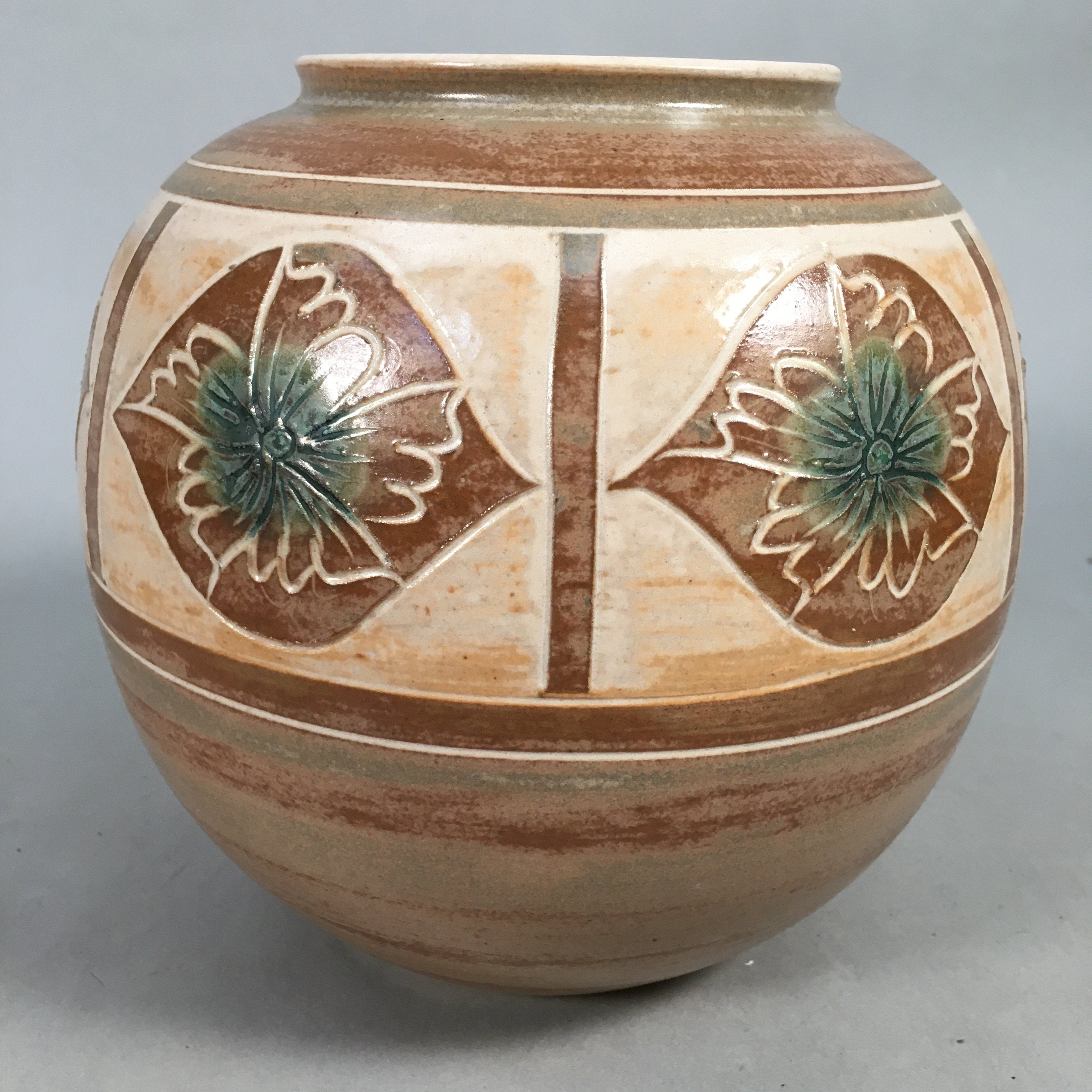 Japanese Ceramic Flower Vase Kabin Vtg Pottery Brown Ikebana Floral FV884