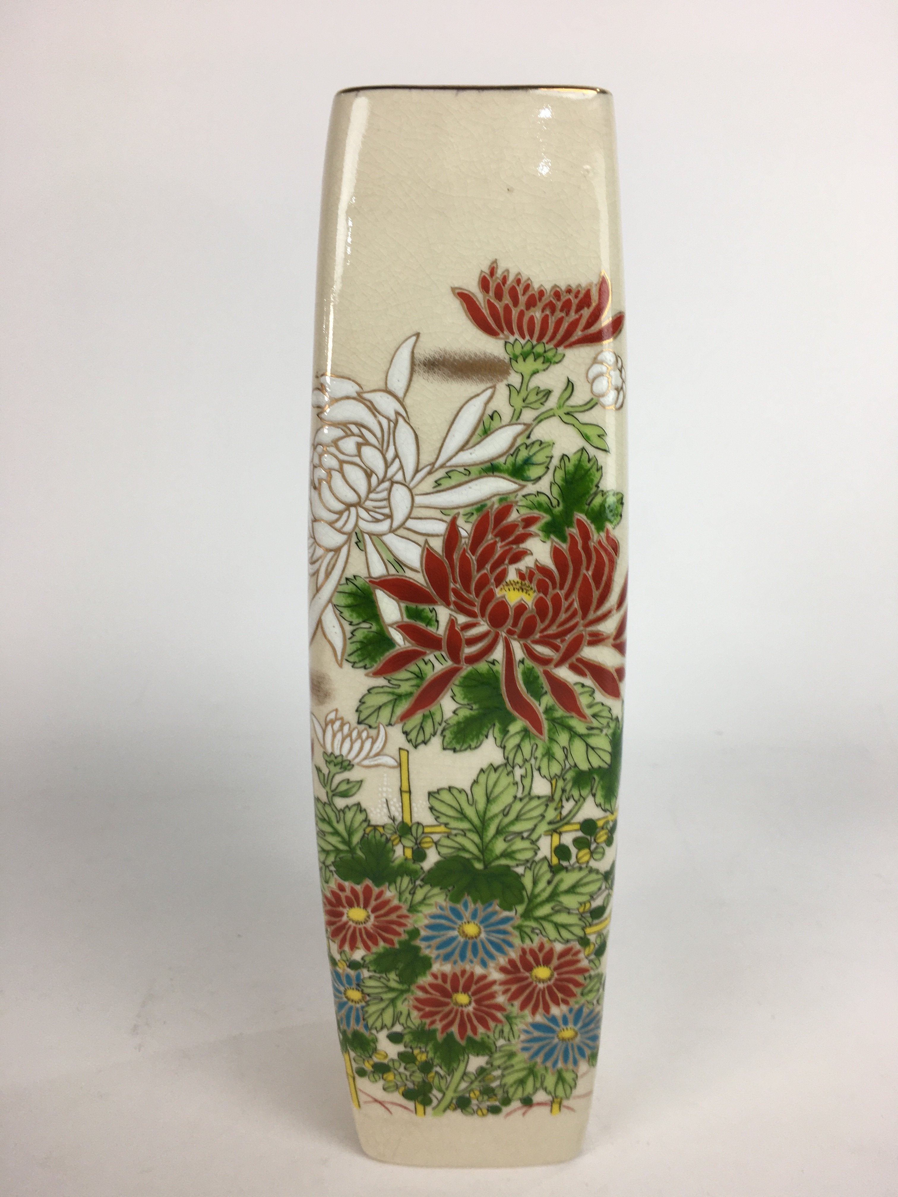 Japanese Ceramic Flower Vase Kutani ware Vtg Kabin Ikebana Arrangement FV931