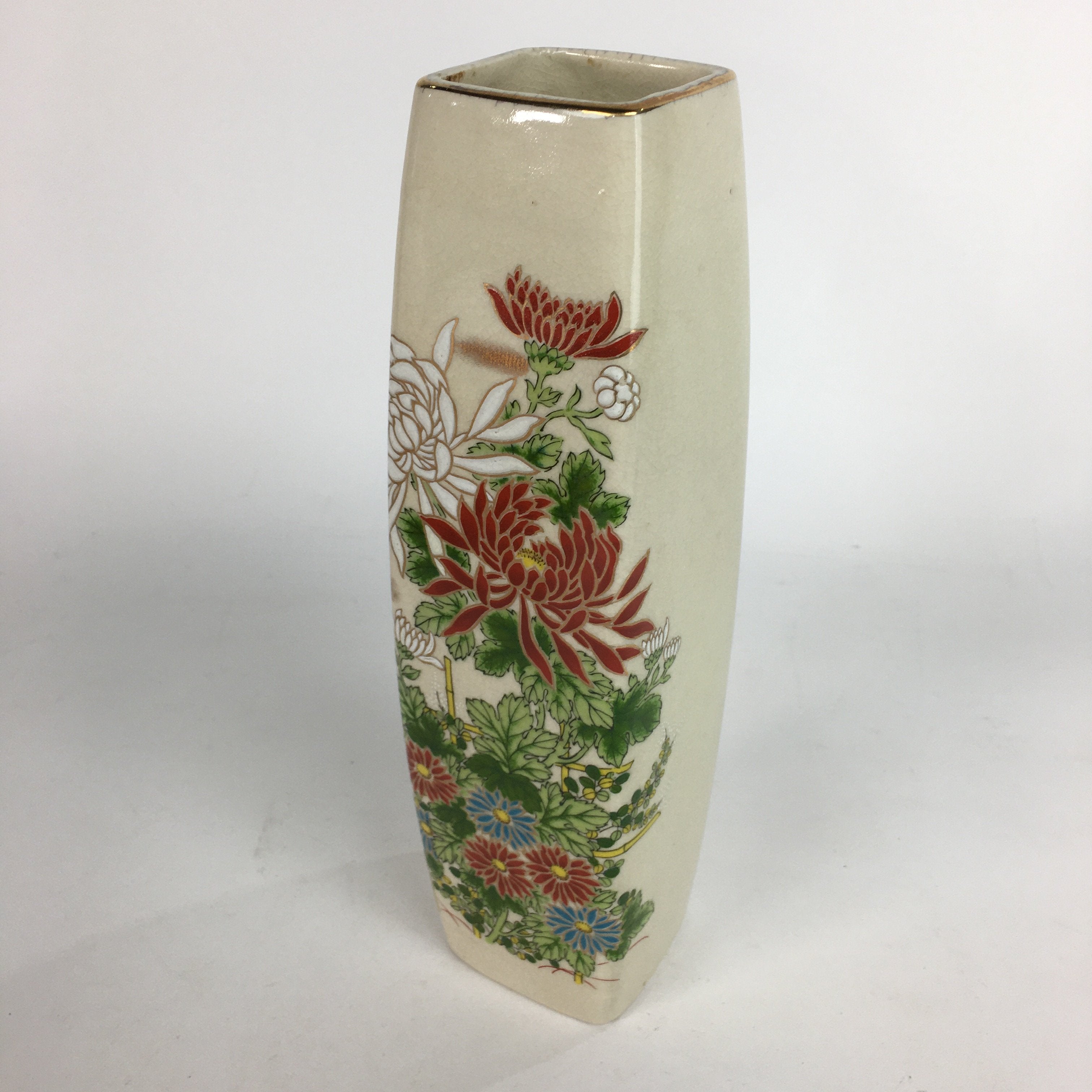 Japanese Ceramic Flower Vase Kutani ware Vtg Kabin Ikebana Arrangement FV931