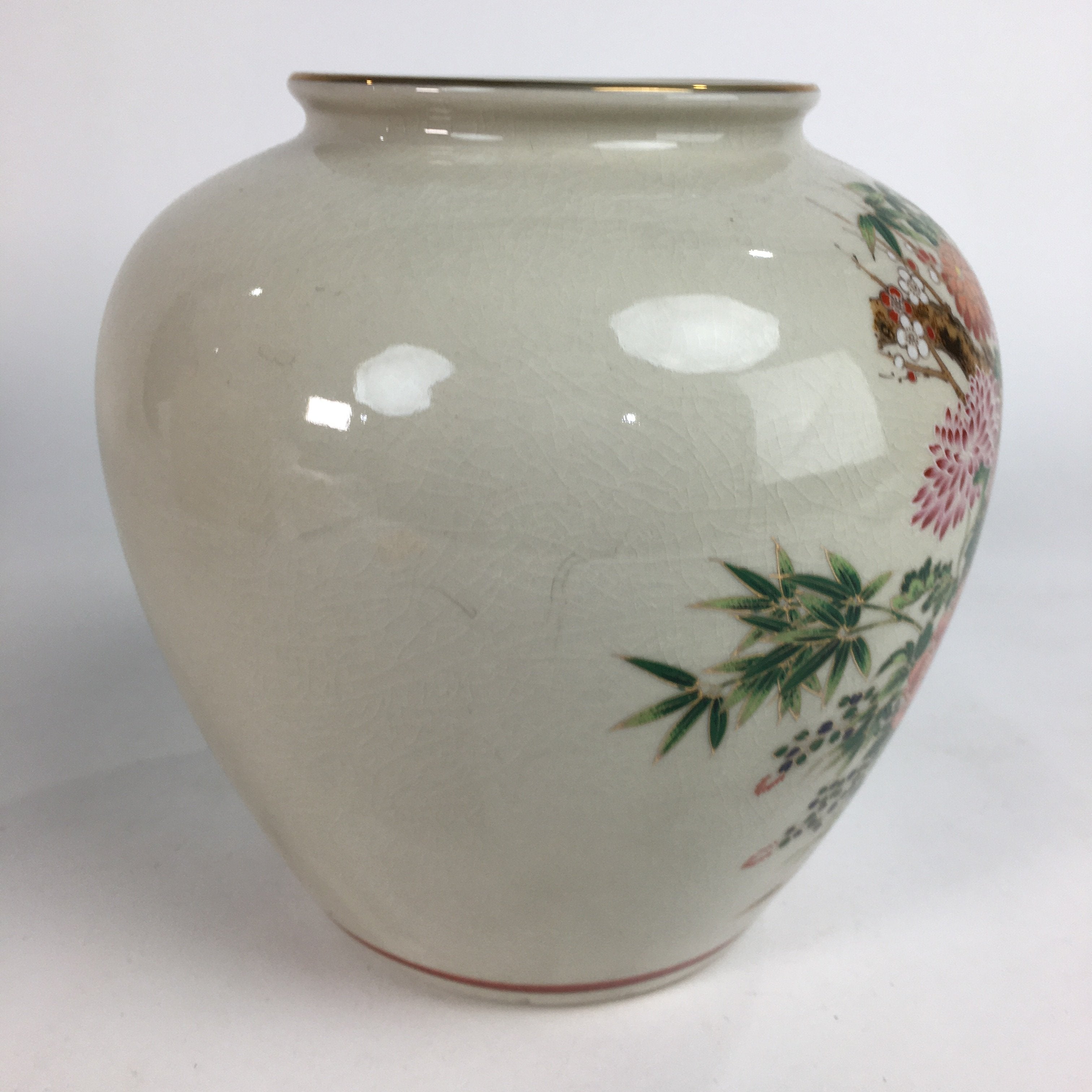 Japanese Ceramic Flower Vase Kutani ware Vtg Kabin Ikebana Arrangement FV933