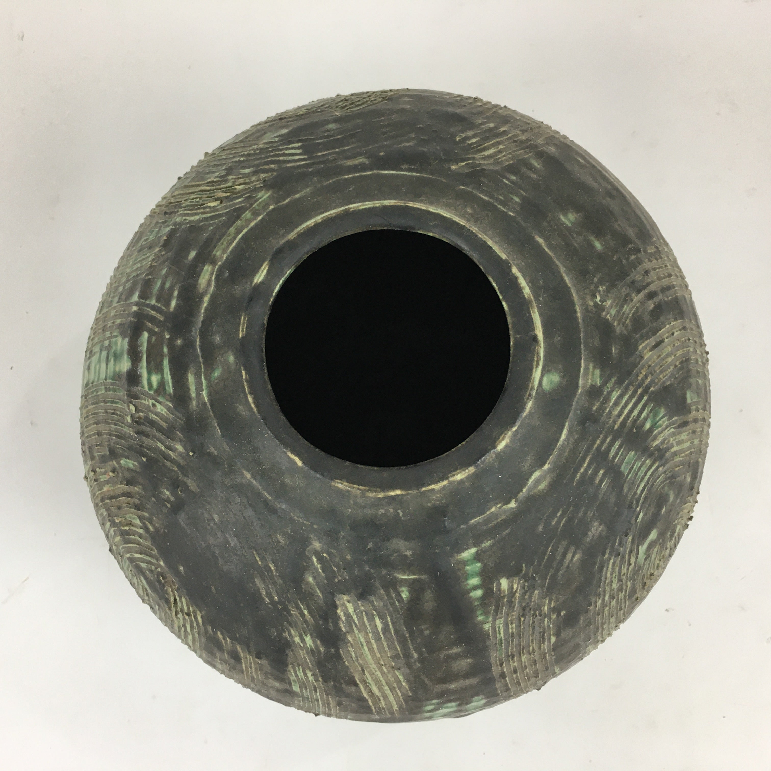 Japanese Ceramic Flower Vase Round Black Green Kabin Ikebana Arrangement FV967