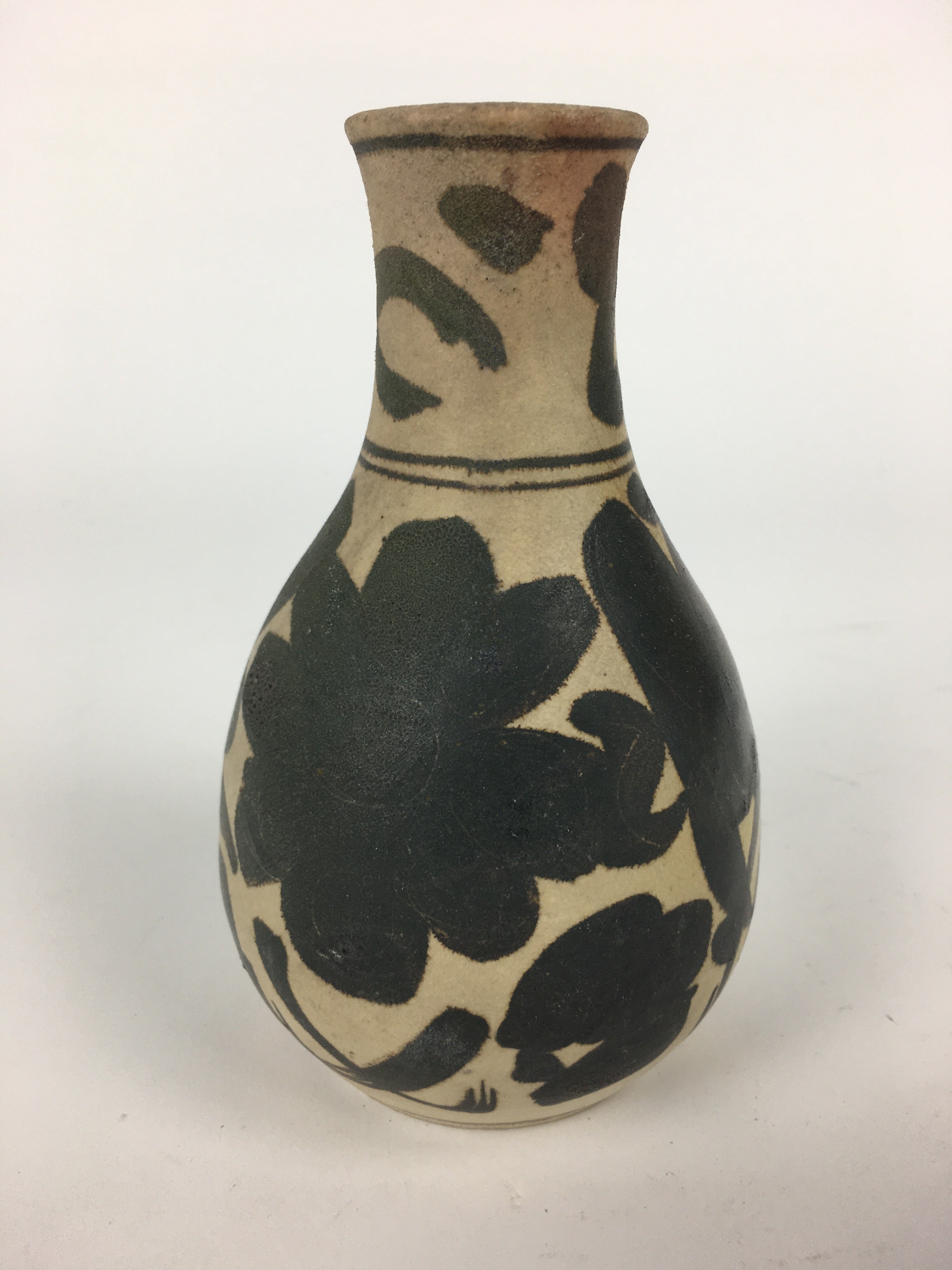 Japanese Ceramic Flower Vase Vtg Kabin Ikebana Arrangement Black White FV950
