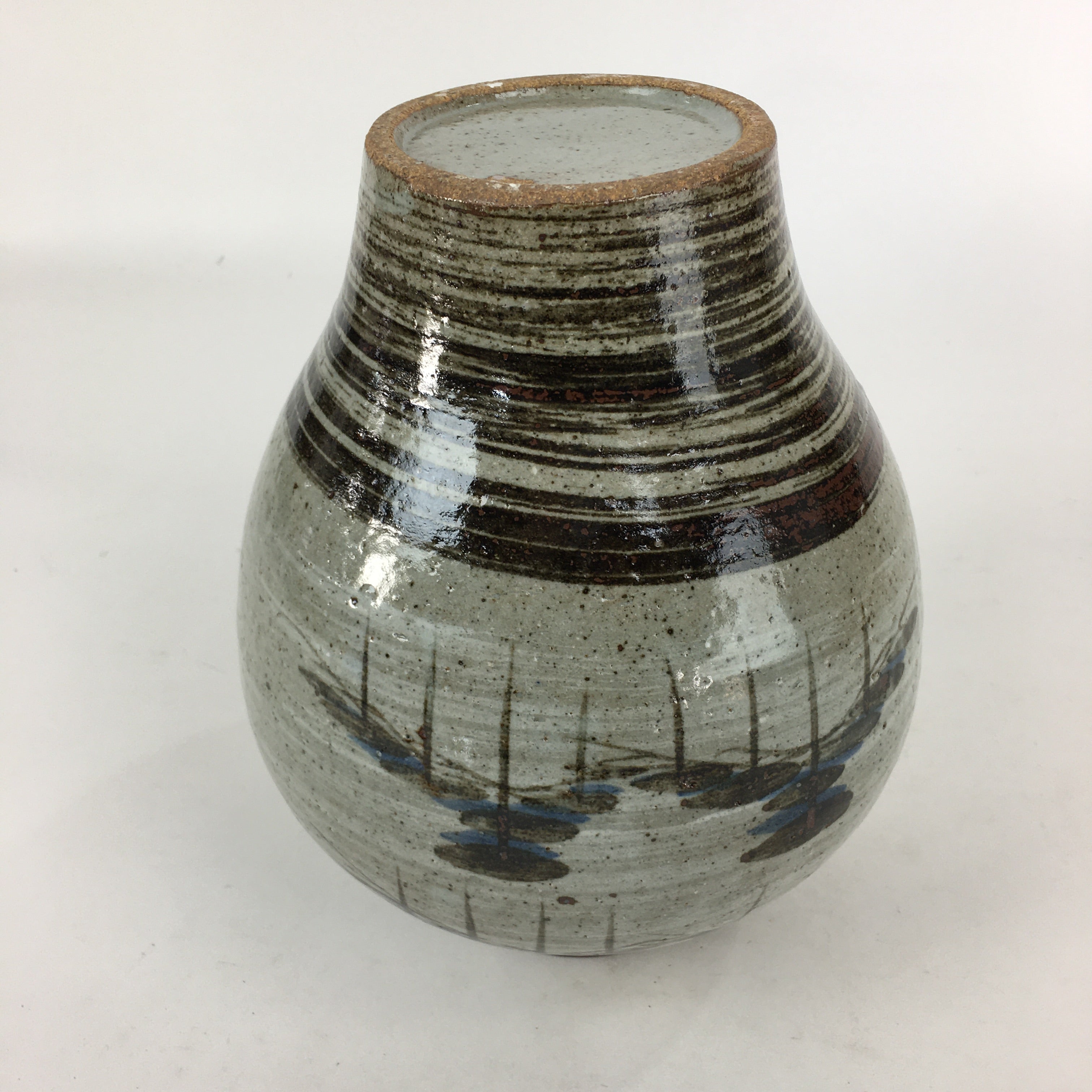 Japanese Ceramic Flower Vase Vtg Round Kabin Ikebana Arrangement FV965