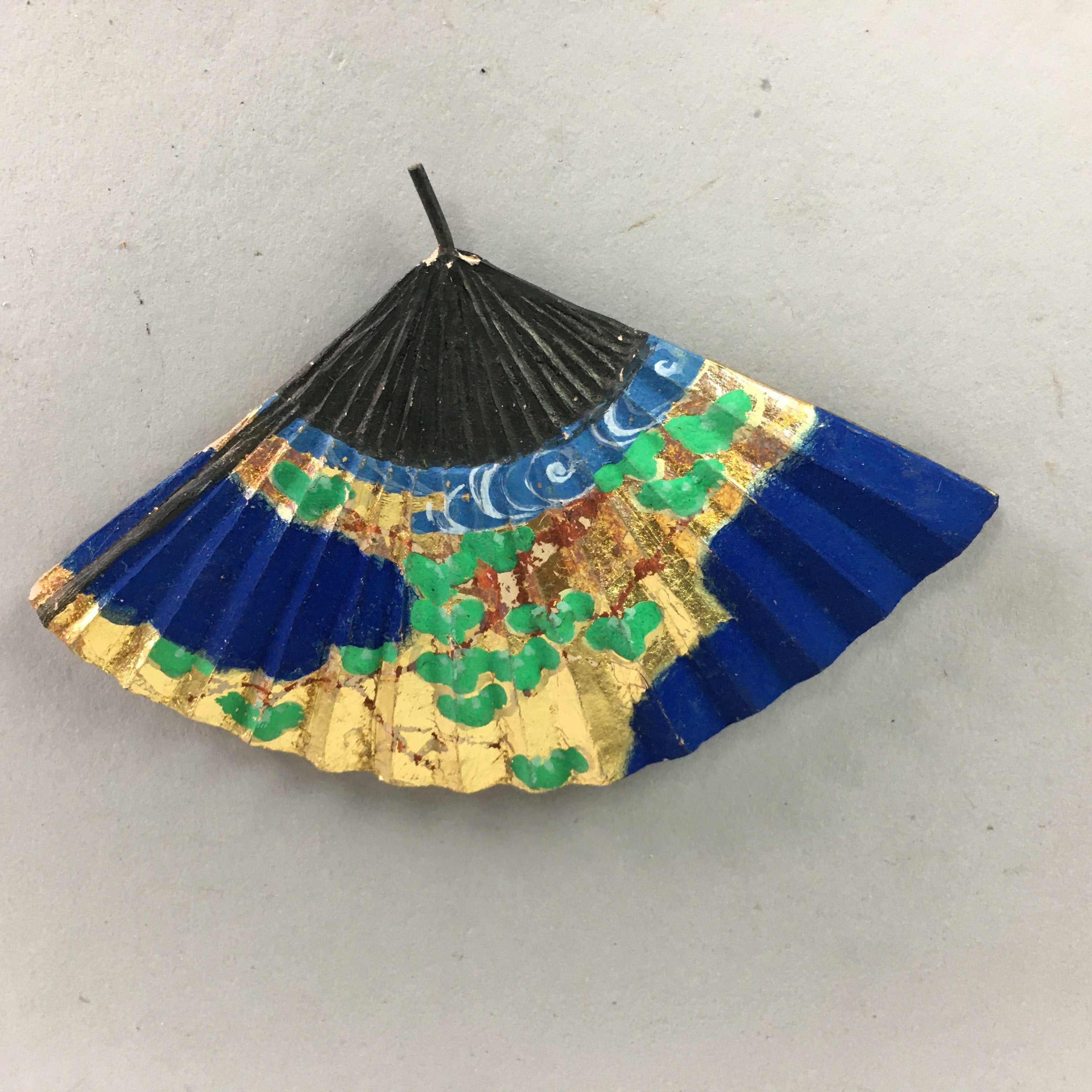 Japanese Ceramic Folding fan Vtg Okimono Decoration Gold Blue JK189