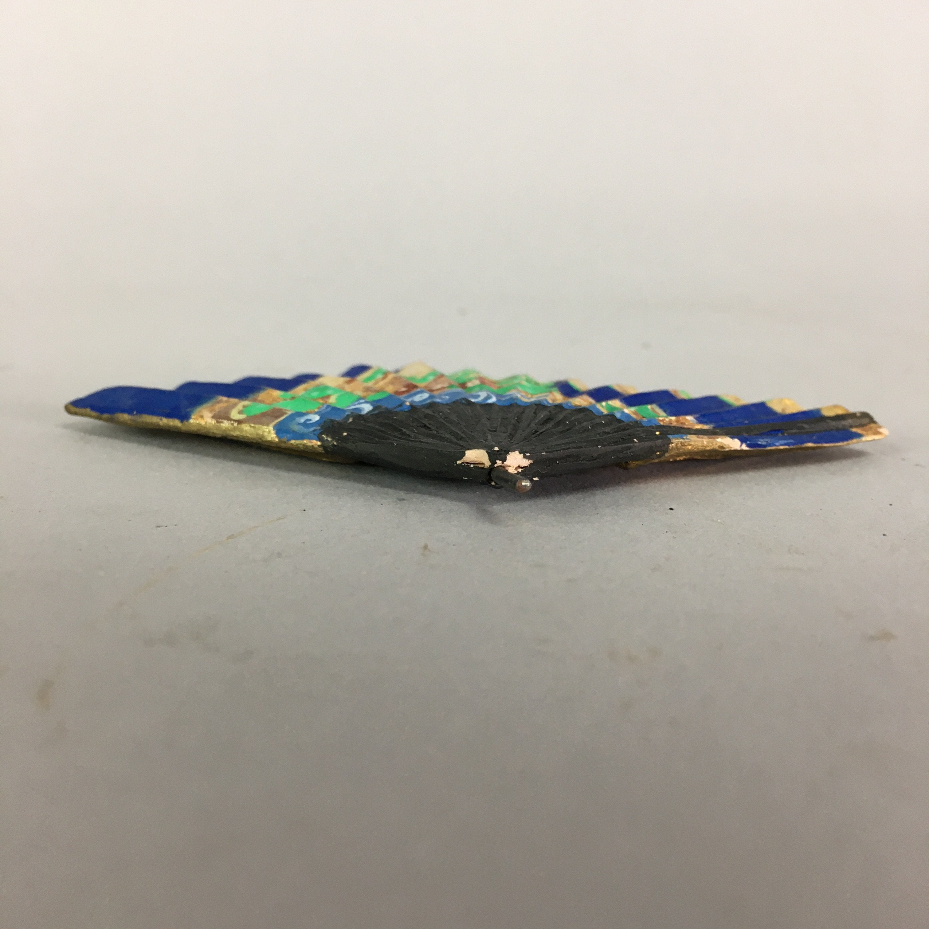 Japanese Ceramic Folding fan Vtg Okimono Decoration Gold Blue JK189