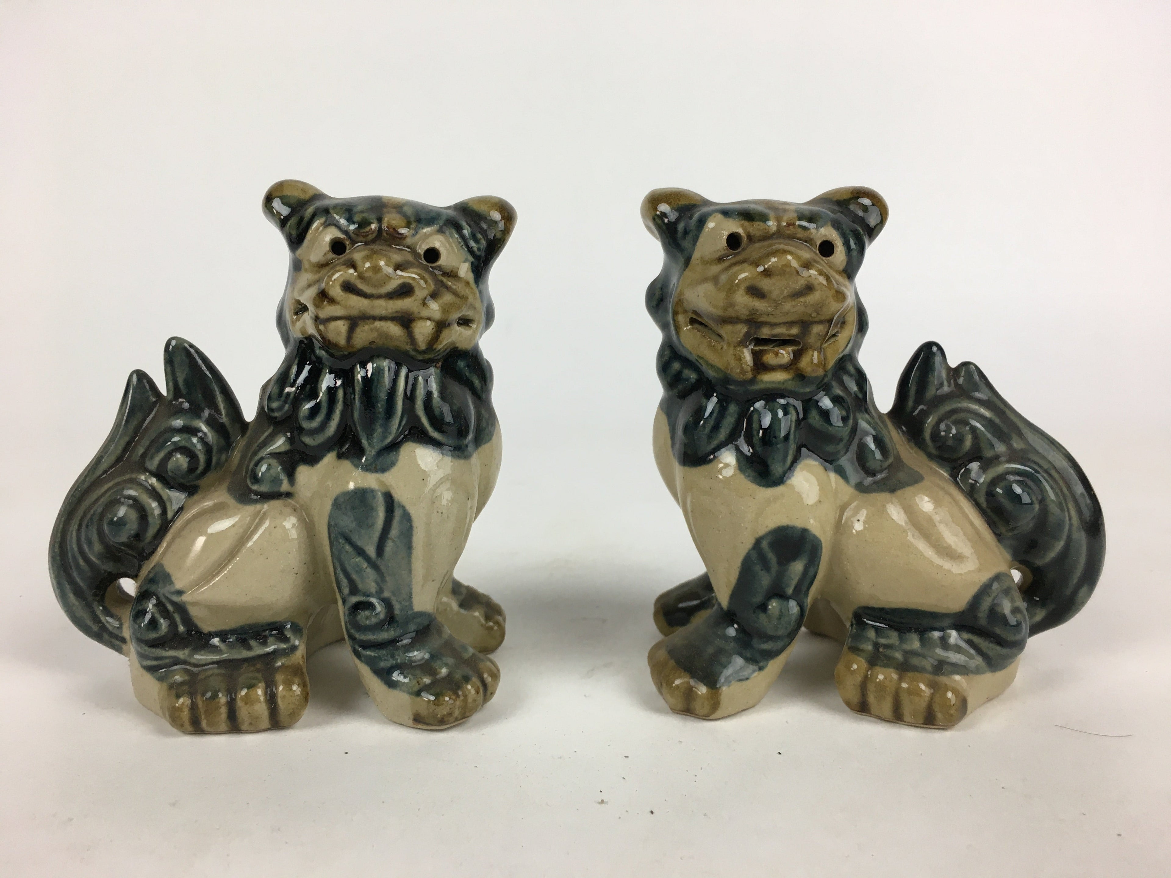 Japanese Ceramic Foo Dog Pair Statue Vtg Shishi Komainu Okimono BD793