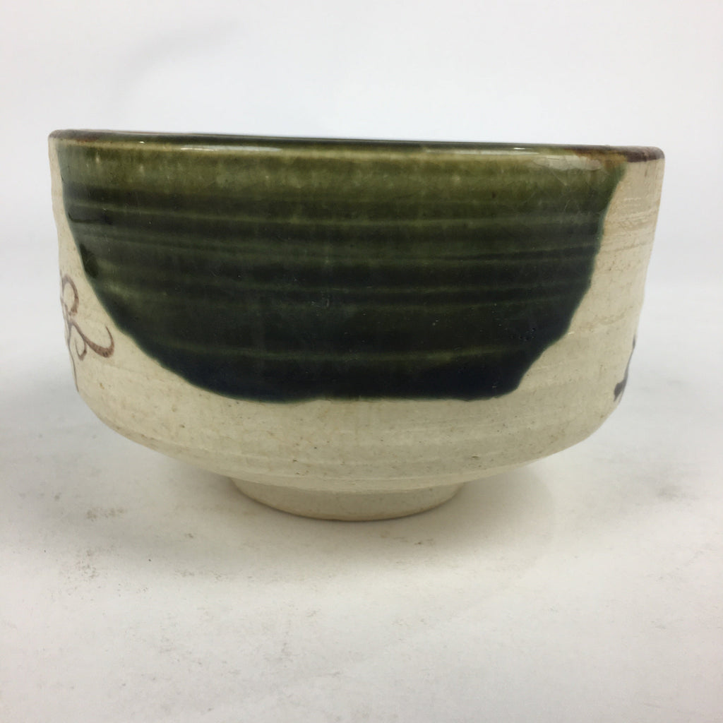 Japanese Ceramic Green Tea Bowl Oribe Ware Vtg Chawan Boxed Pottery PX574